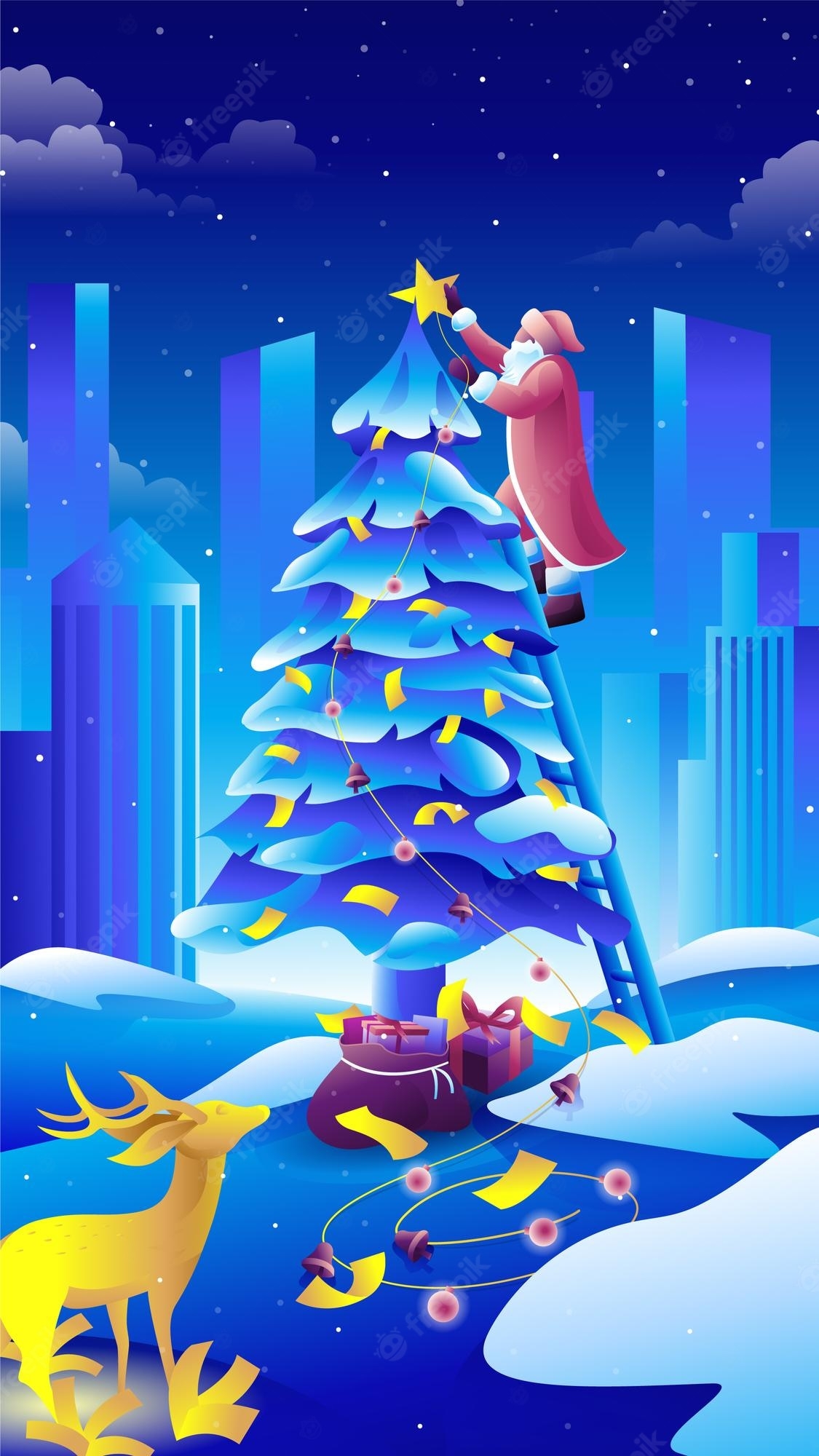 1130x2000 Premium Vector. Merry christmas greeting card landscape. santa and reindeer hang stars around the christmas tree, Phone