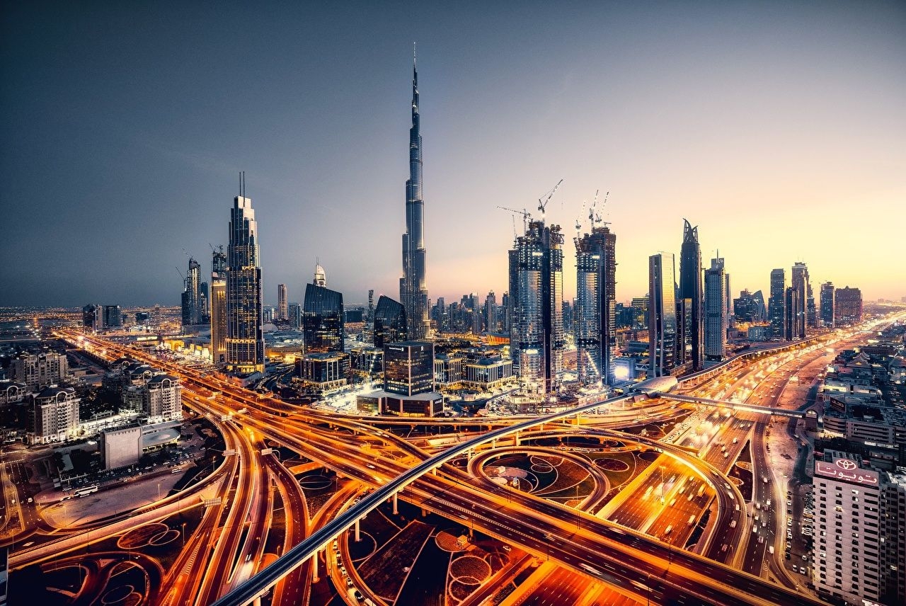 1280x860 Desktop Wallpaper Dubai Emirates UAE Roads Evening Skyscrapers, Desktop