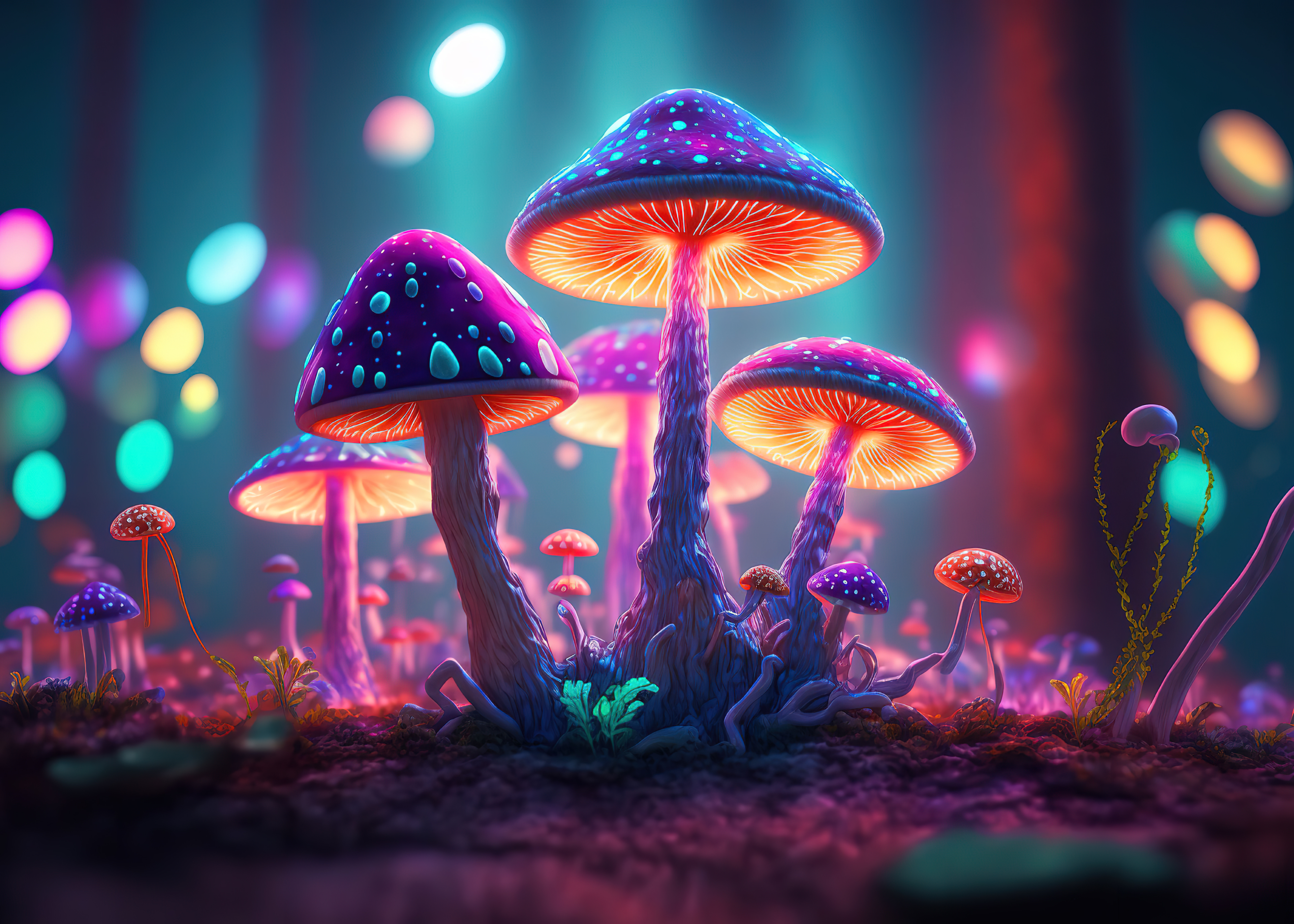 3840x2750 Mushrooms Wallpaper 4K, Colorful, AI art, Desktop