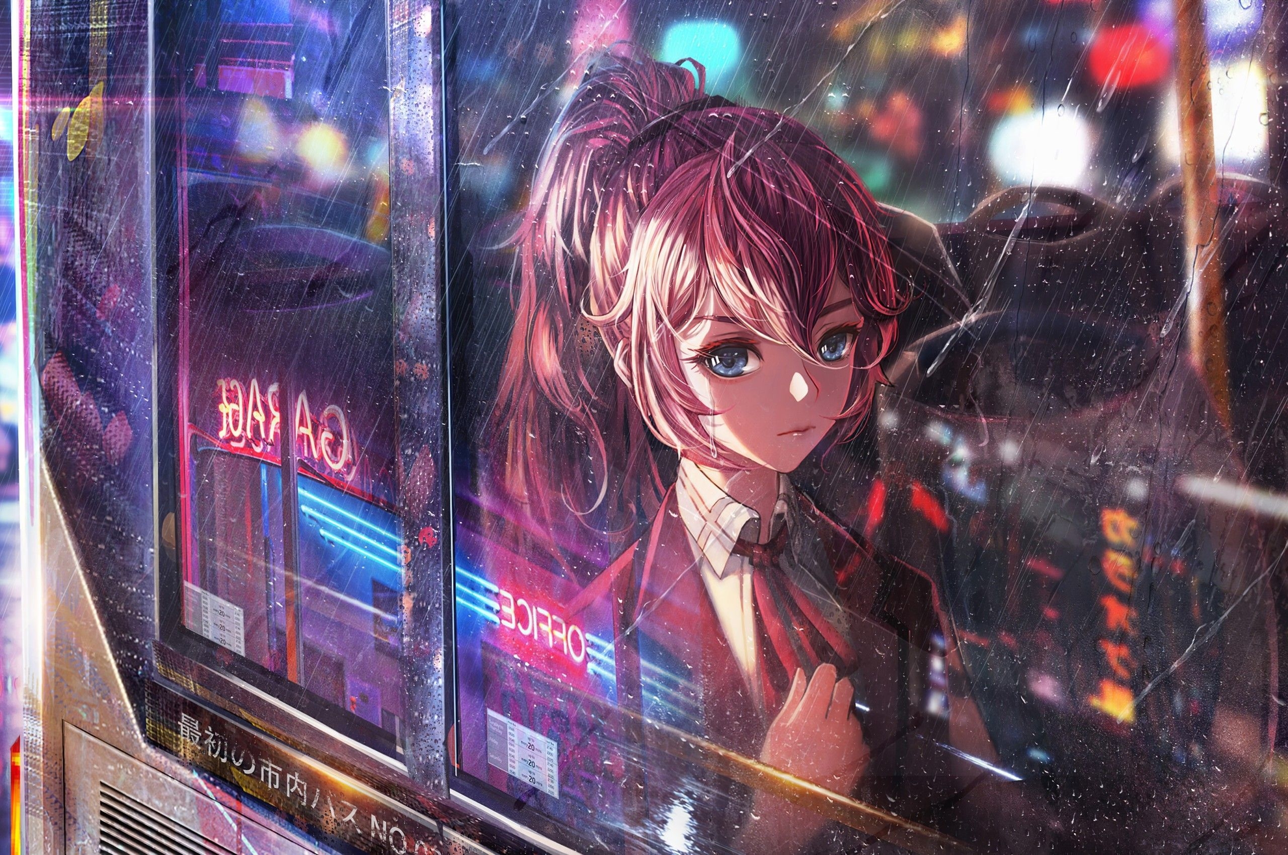 2560x1700 Anime Girl Bus Window Neon City 4k Chromebook Pixel HD 4k Wallpaper, Image, Background, Photo and Picture, Desktop