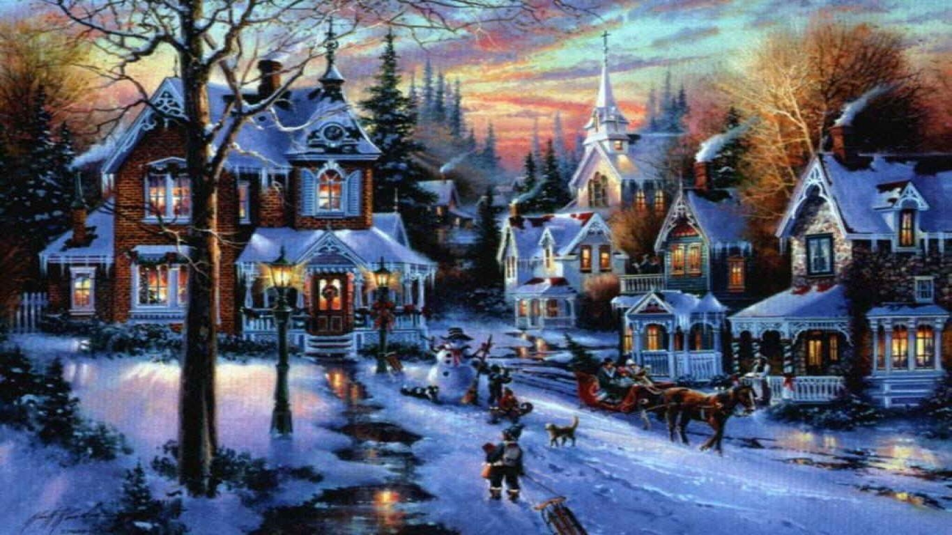 1370x770 thomas kinkade christmas village. Peaceful Christmas, Desktop
