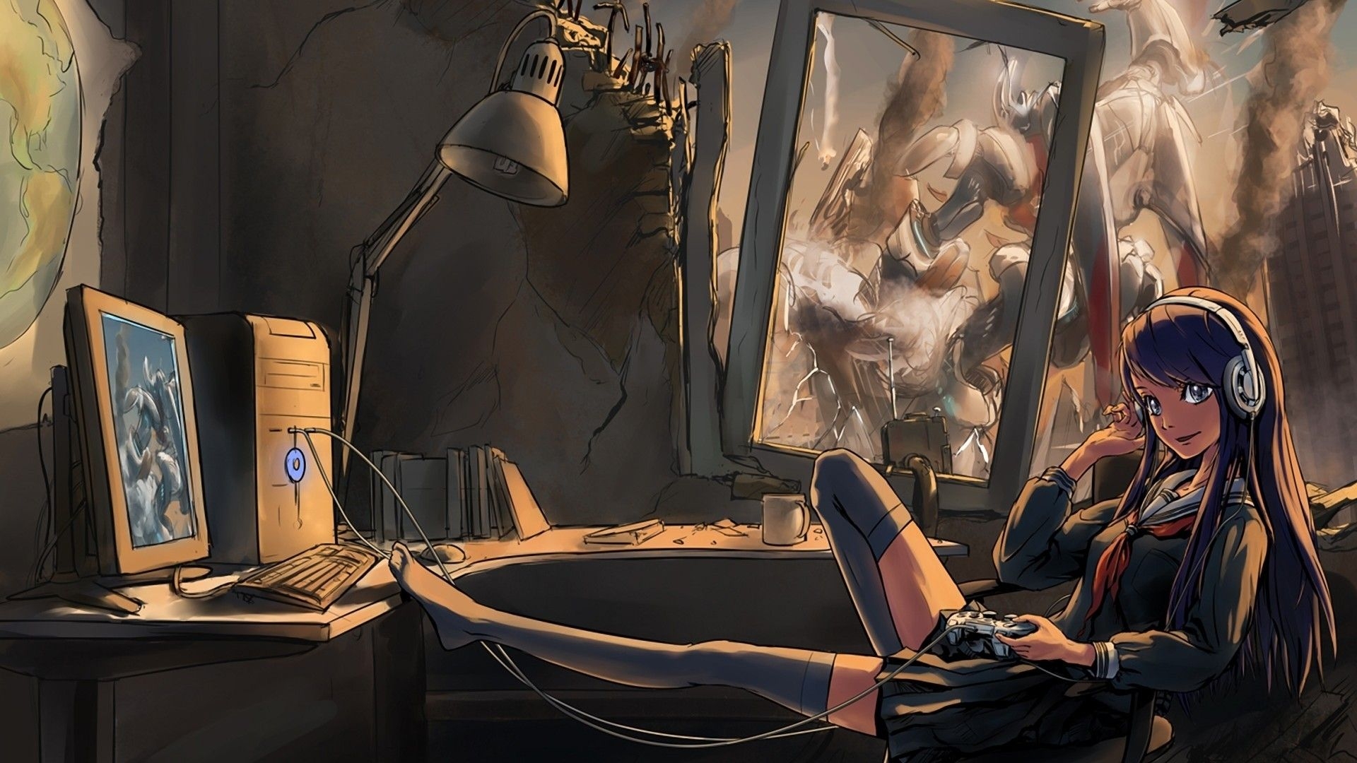 1920x1080 Anime Girl at Computer, Desktop