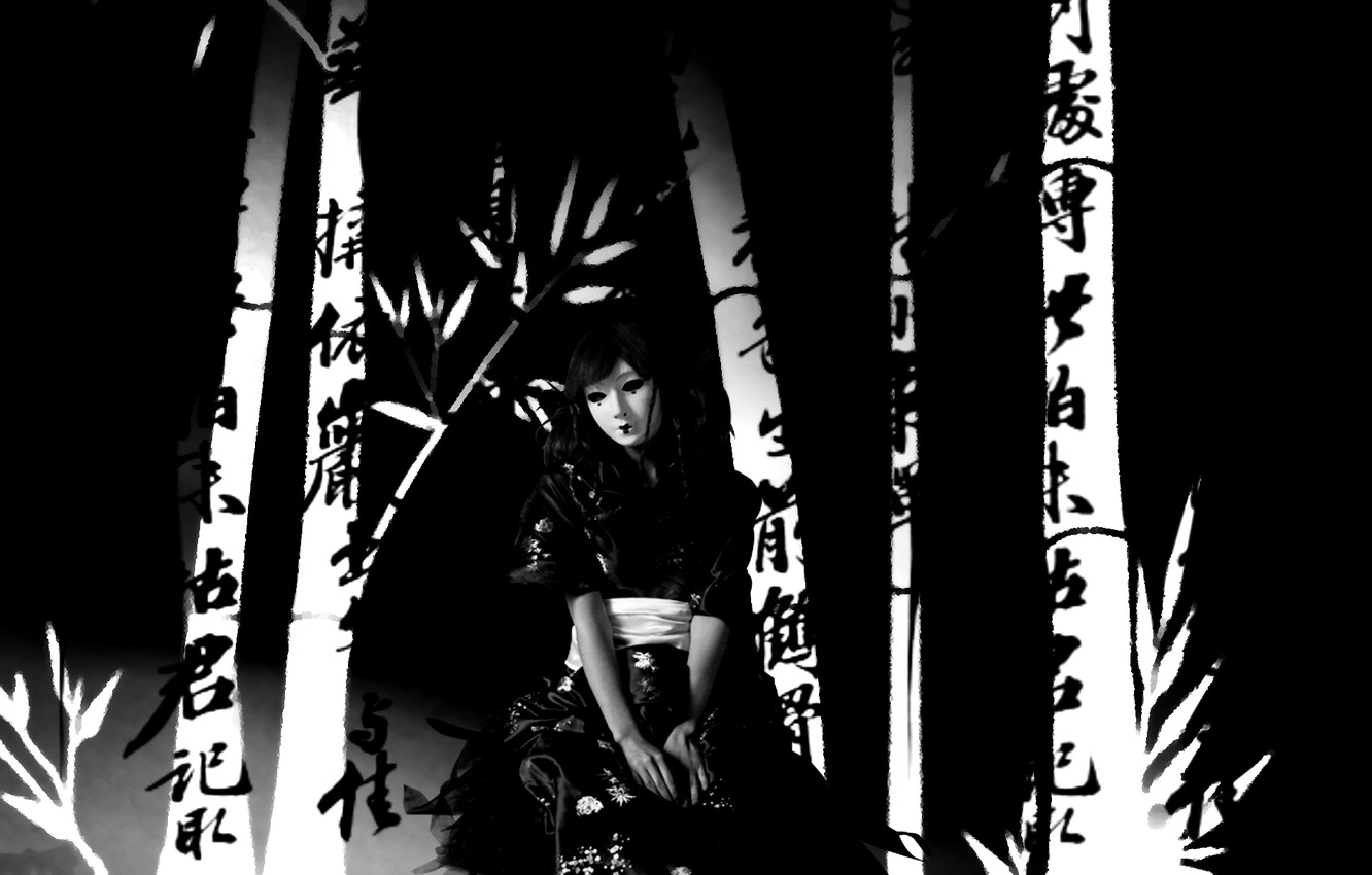 1340x850 Wallpaper loneliness, Japanese, black and white, mask, characters, calligraphy, Japan, Cosplay image for desktop, section девушки, Desktop