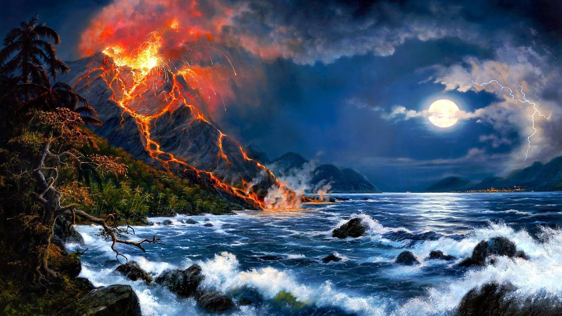 1920x1080 Erupting Volcano Oil Painting Art Picture Image Wallpaper HD Free, Desktop