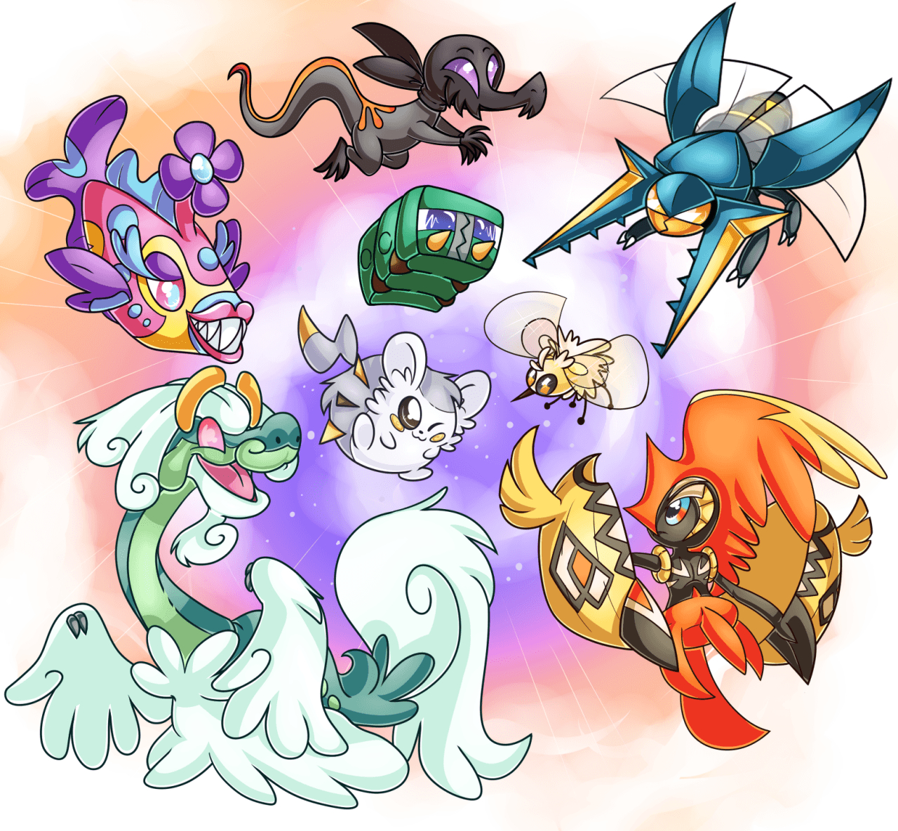 1280x1190 Bruxish, Salandit, Vikavolt, Charjabug, Togedemaru, Cutiefly, Drampa, Desktop