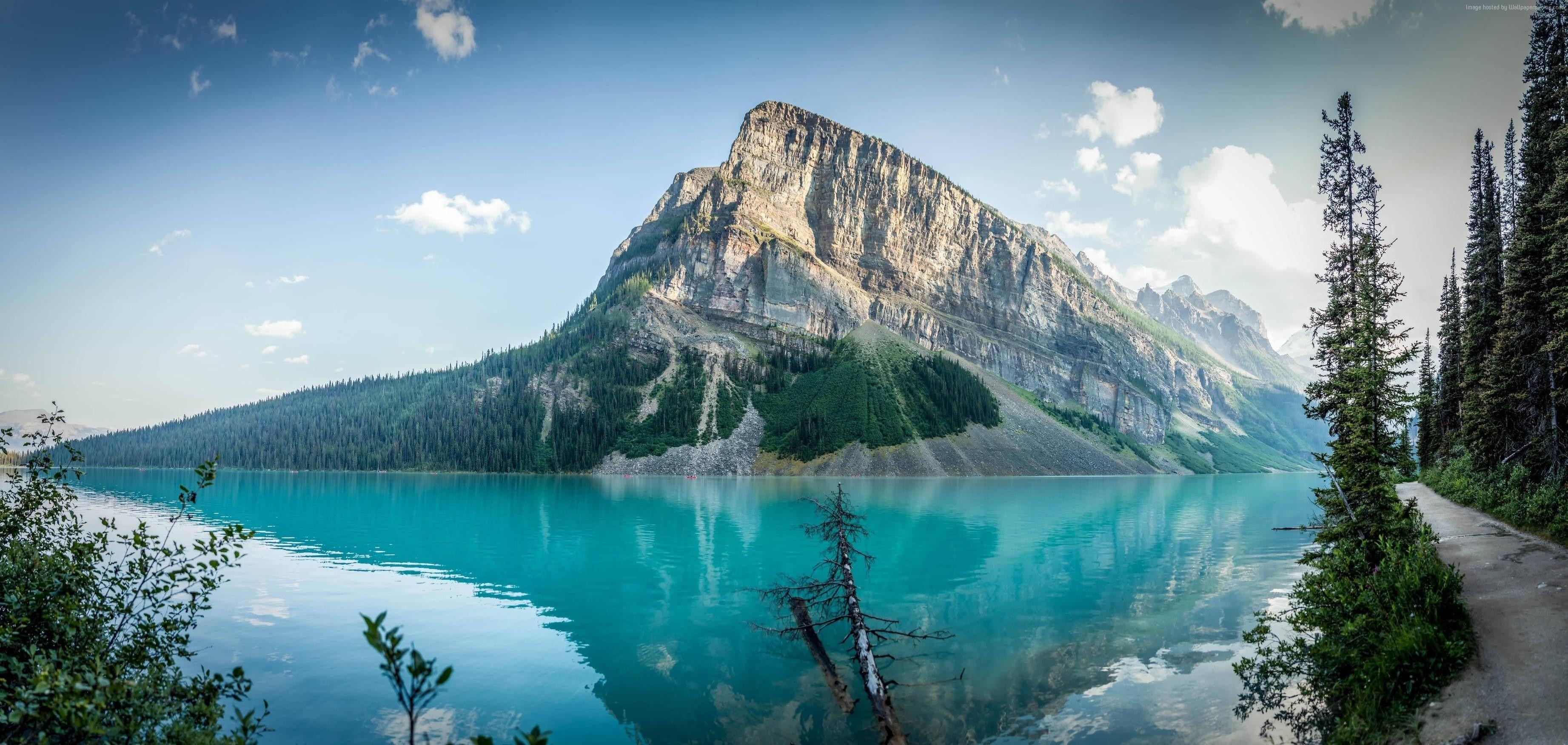 3690x1760 Wallpaper Lake Louise, 4k, HD wallpaper, Сanada, travel, mountain, Dual Screen