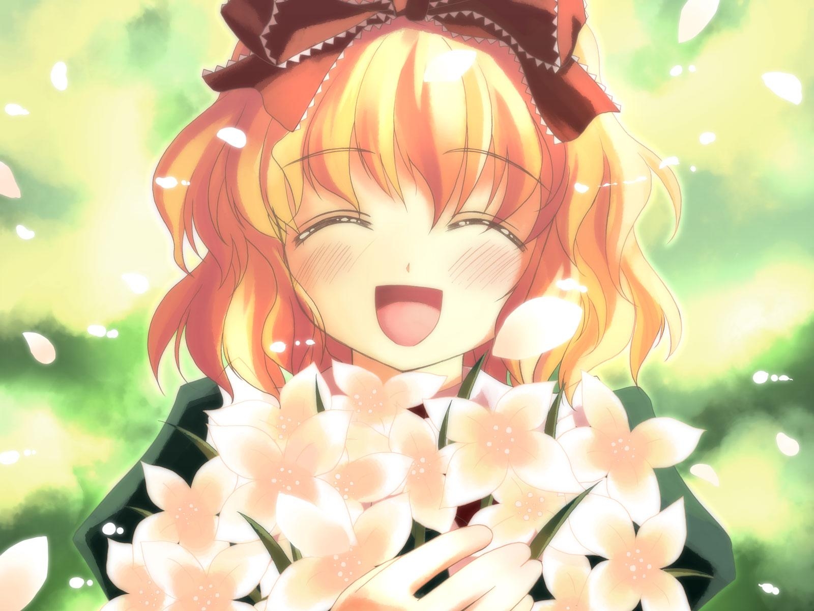 1600x1200 blondes, Touhou, flowers, happy, anime, flower petals, Medicine, Desktop