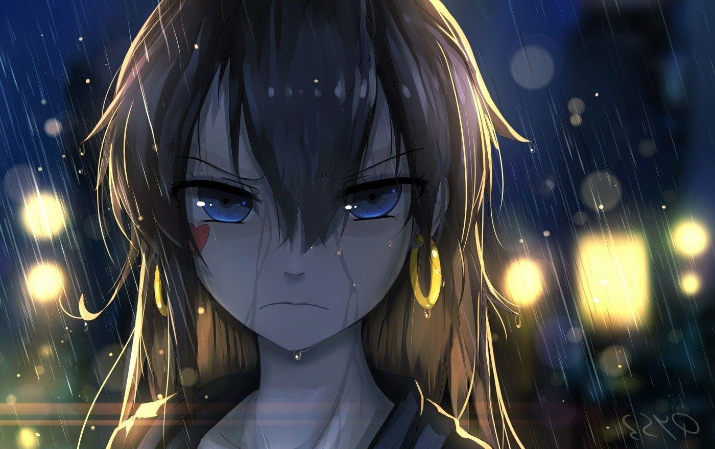 1400x880 anime, Rain, Blue Eyes, Original Characters, Earrings, Anime Girls, Desktop