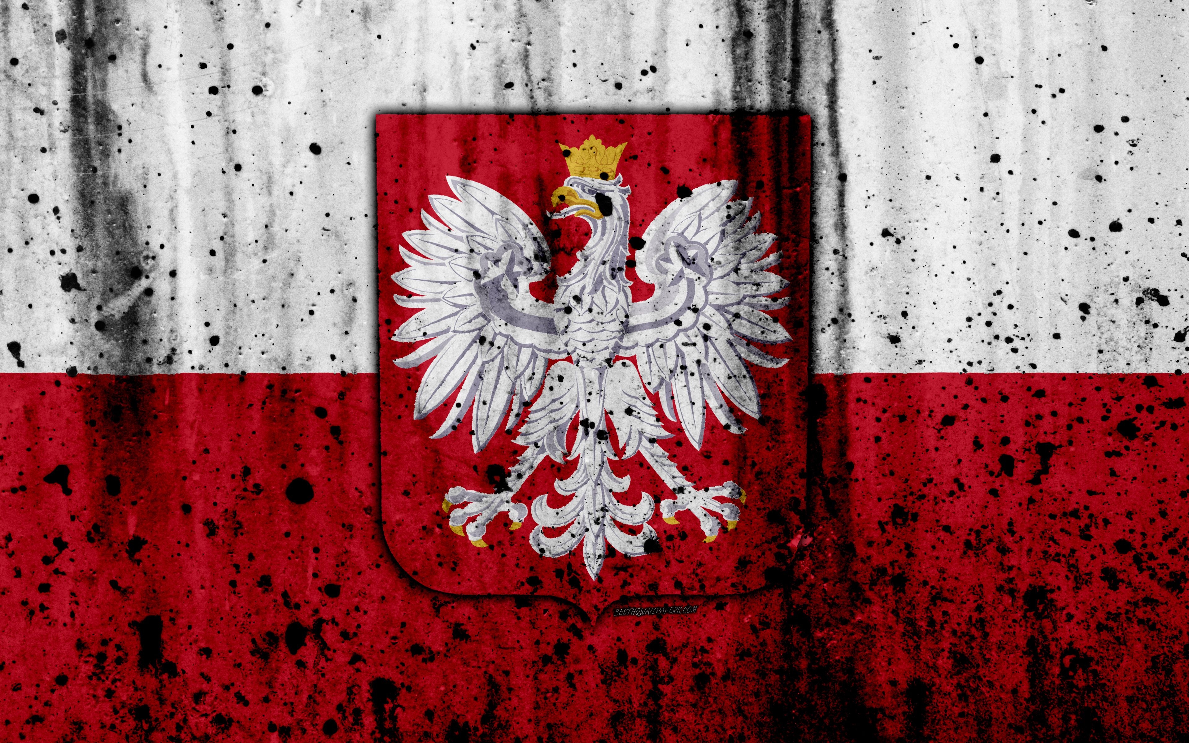 3840x2400 Download wallpaper Polish flag, 4k, grunge, flag of Poland, Desktop