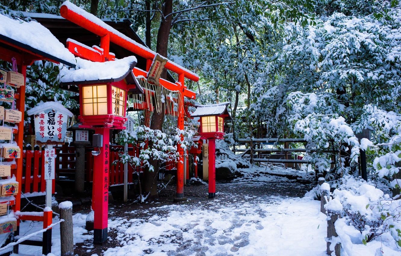 1340x850 Wallpaper winter, snow, Japan, lights, temple, Japan, the gates, Desktop