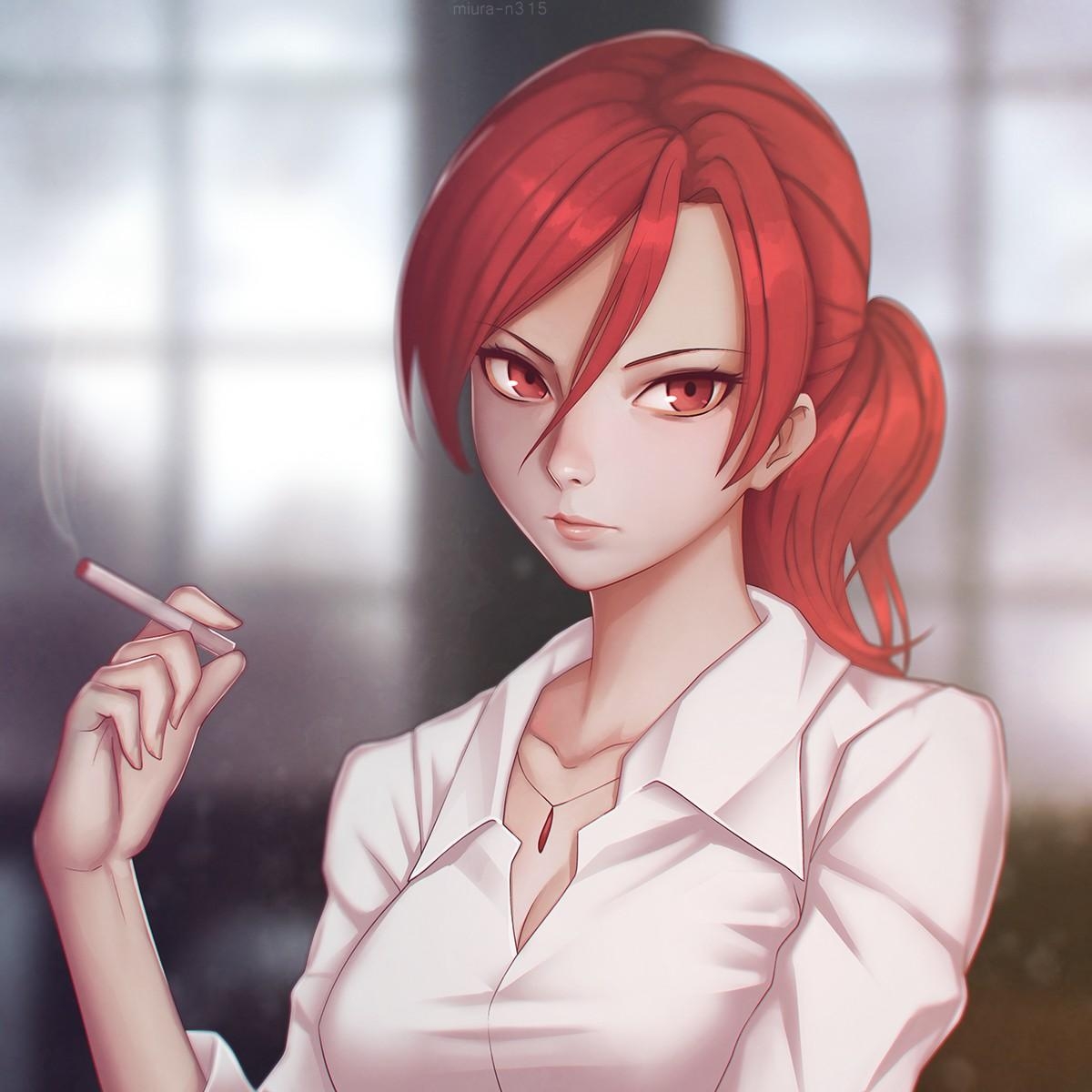 1200x1200 long hair, Redhead, Red eyes, Anime, Anime girls, Open shirt, Phone