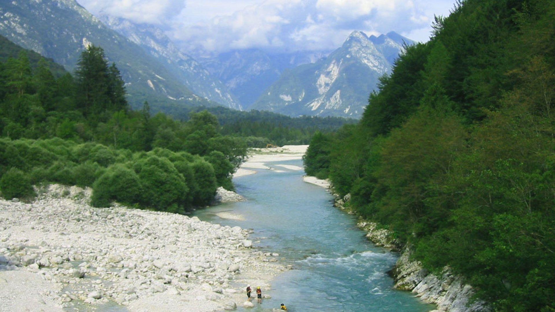 1920x1080 River Lined with Trees into Mountains desktop wallpaper, Desktop