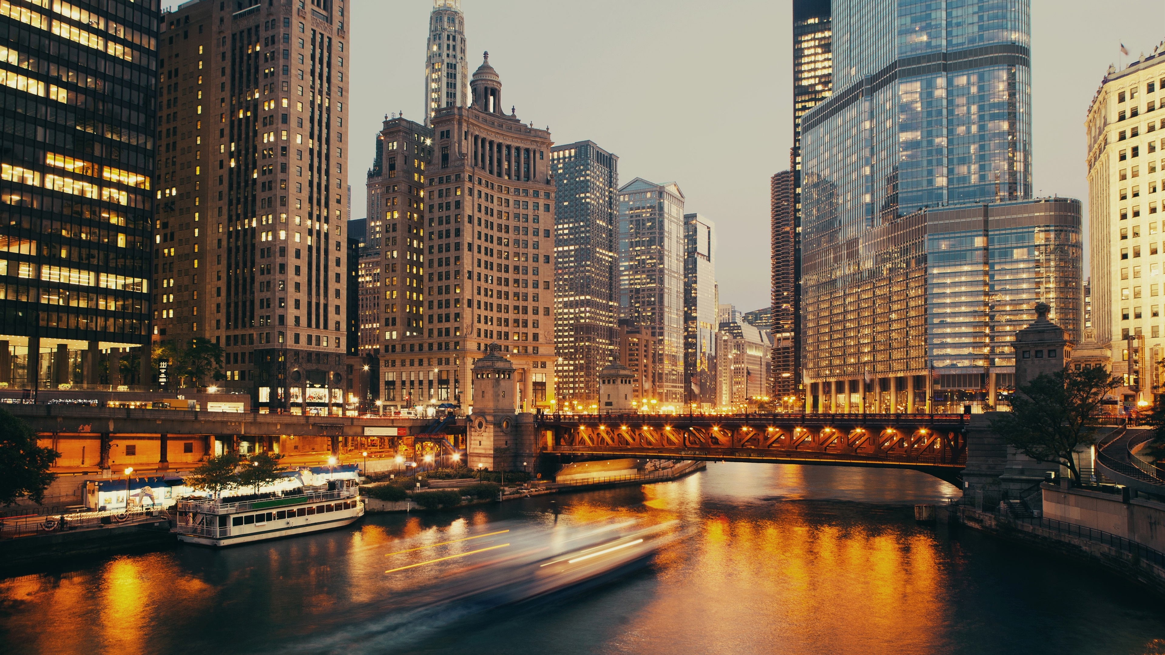 3840x2160 Wallpaper Chicago, skyscrapers, bridge, river, boats, lights  UHD 4K Picture, Image, Desktop