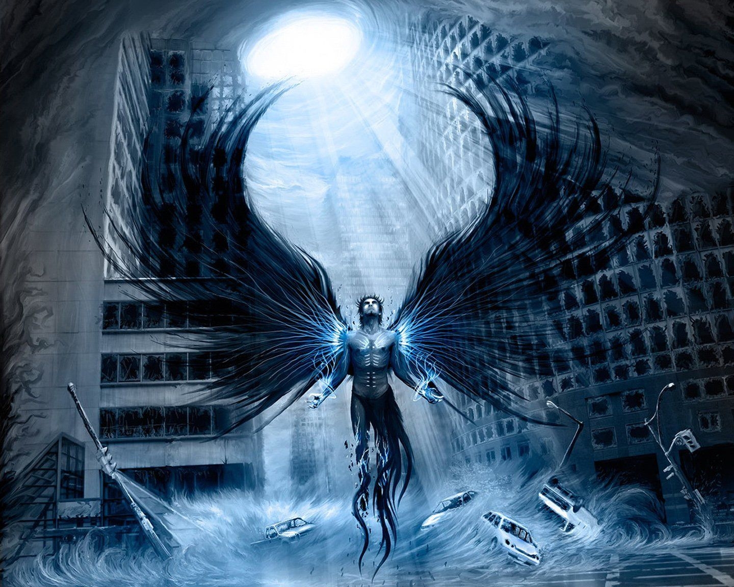 1440x1160 Dark blue demon angel city car fantasy chaos wallpaperx1152, Desktop