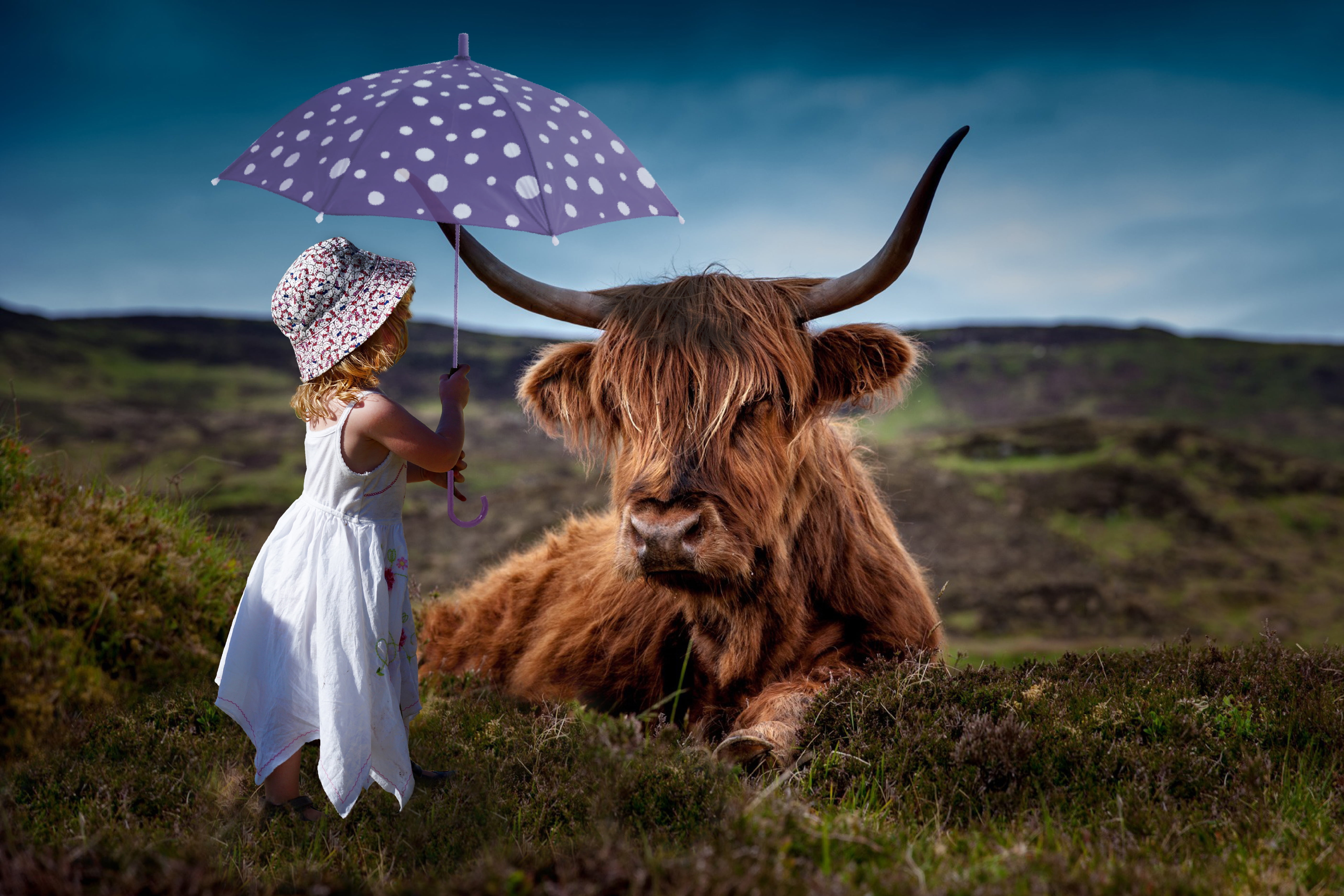 5620x3750 Girl in white dress under the umbrella near the highland, Desktop