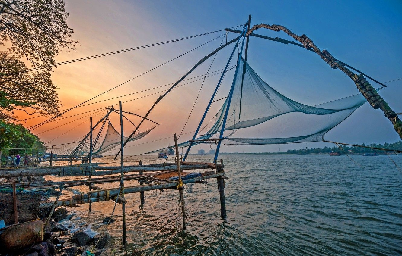 1340x850 Wallpaper sea, beach, sunset, the ocean, shore, sea, ocean, sunset, India, fishing nets, Kochi, fising nets image for desktop, section природа, Desktop