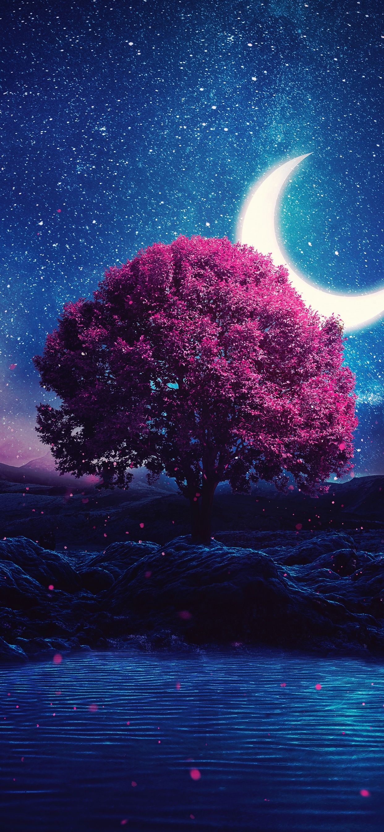 1250x2690 Aesthetic Wallpaper 4K, Lone tree, Crescent Moon, Phone