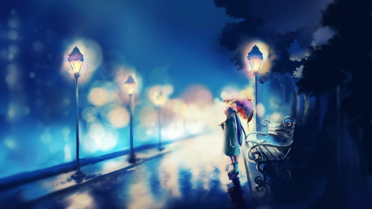 1250x700 Original umbrella red alone girl blue anime wallpaper, Desktop