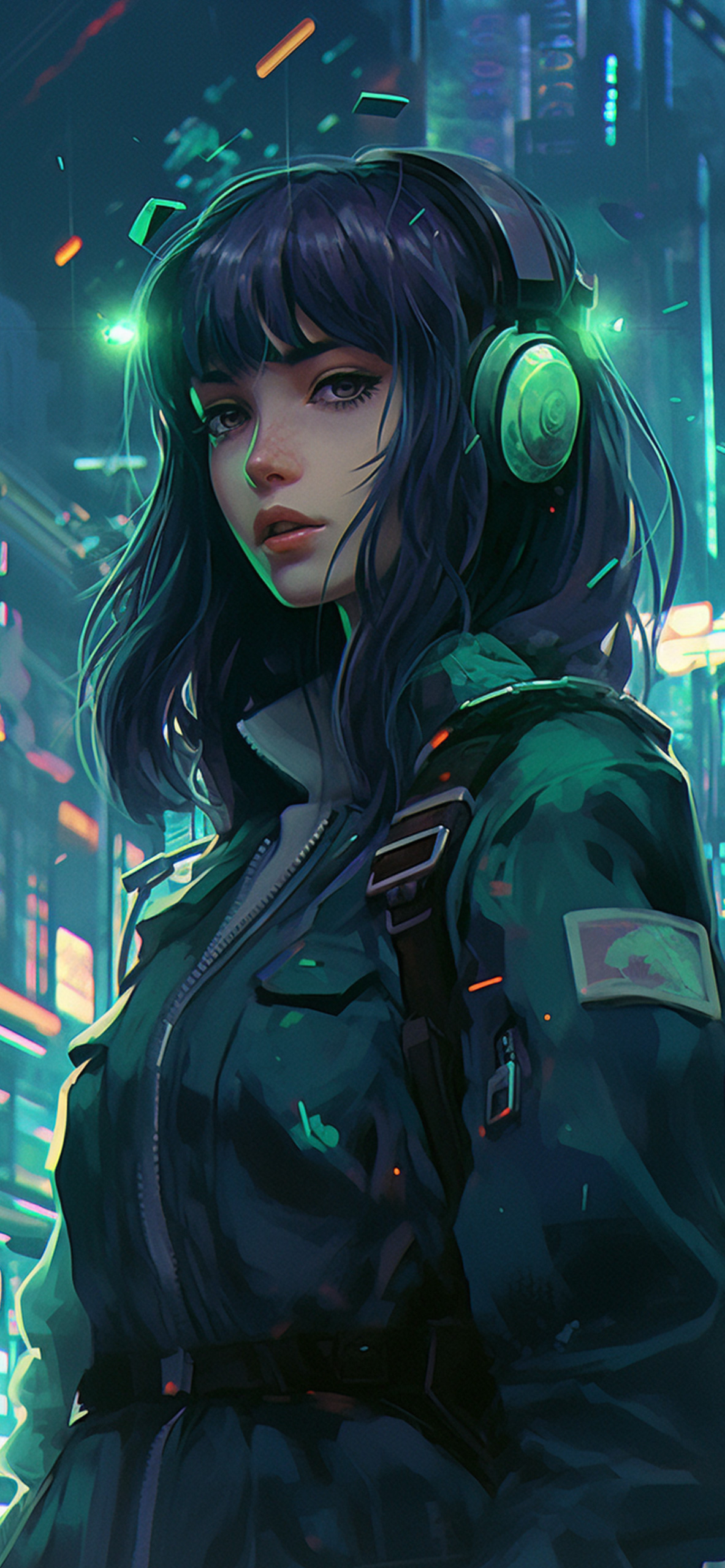 1190x2560 Girl Wearing Headphones Cyberpunk, Phone