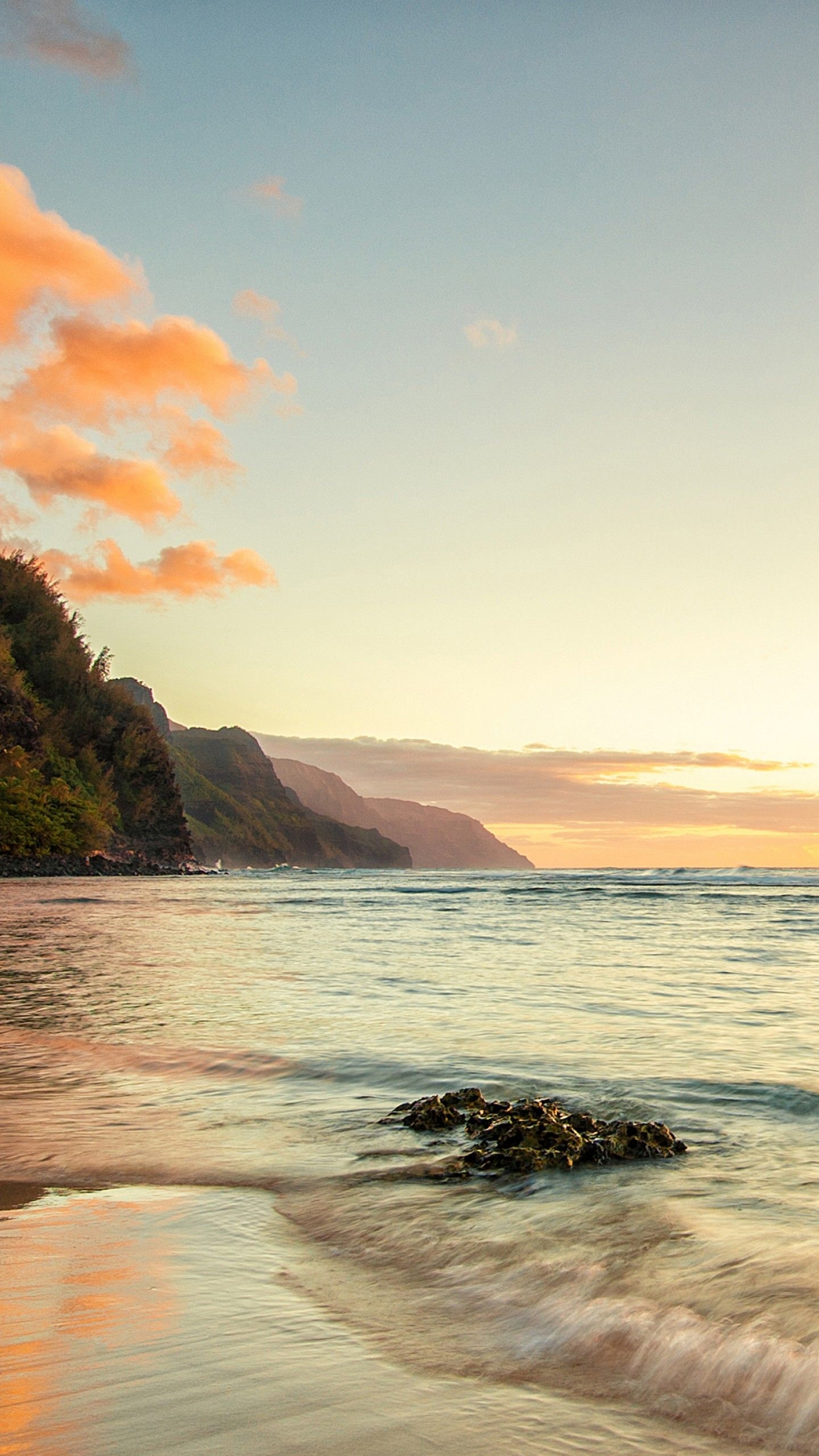 1440x2560 Wallpaper Hawaii, 4k, HD wallpaper, Ke'e beach, island, Kauai, sky, sea, ocean, water, sunset, sunrise, rocks, sun, clouds, Nature, Phone