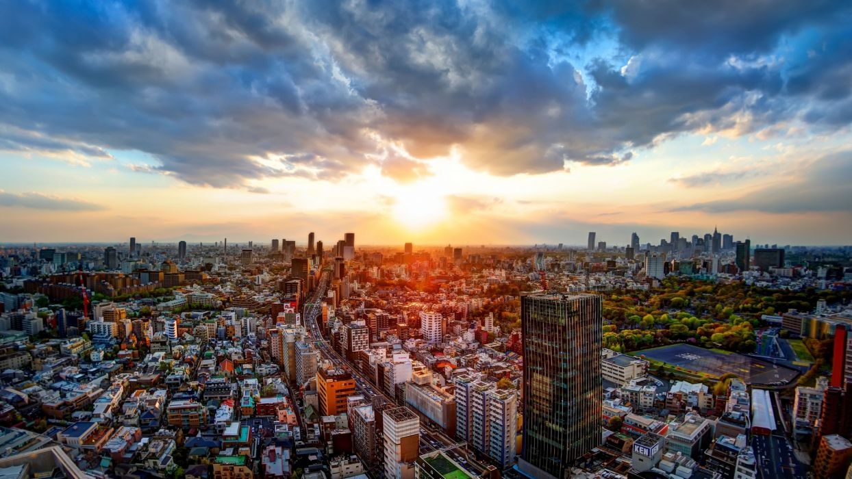 1250x700 Tokyo Japan panorama buildings road sunset wallpaperx1080, Desktop