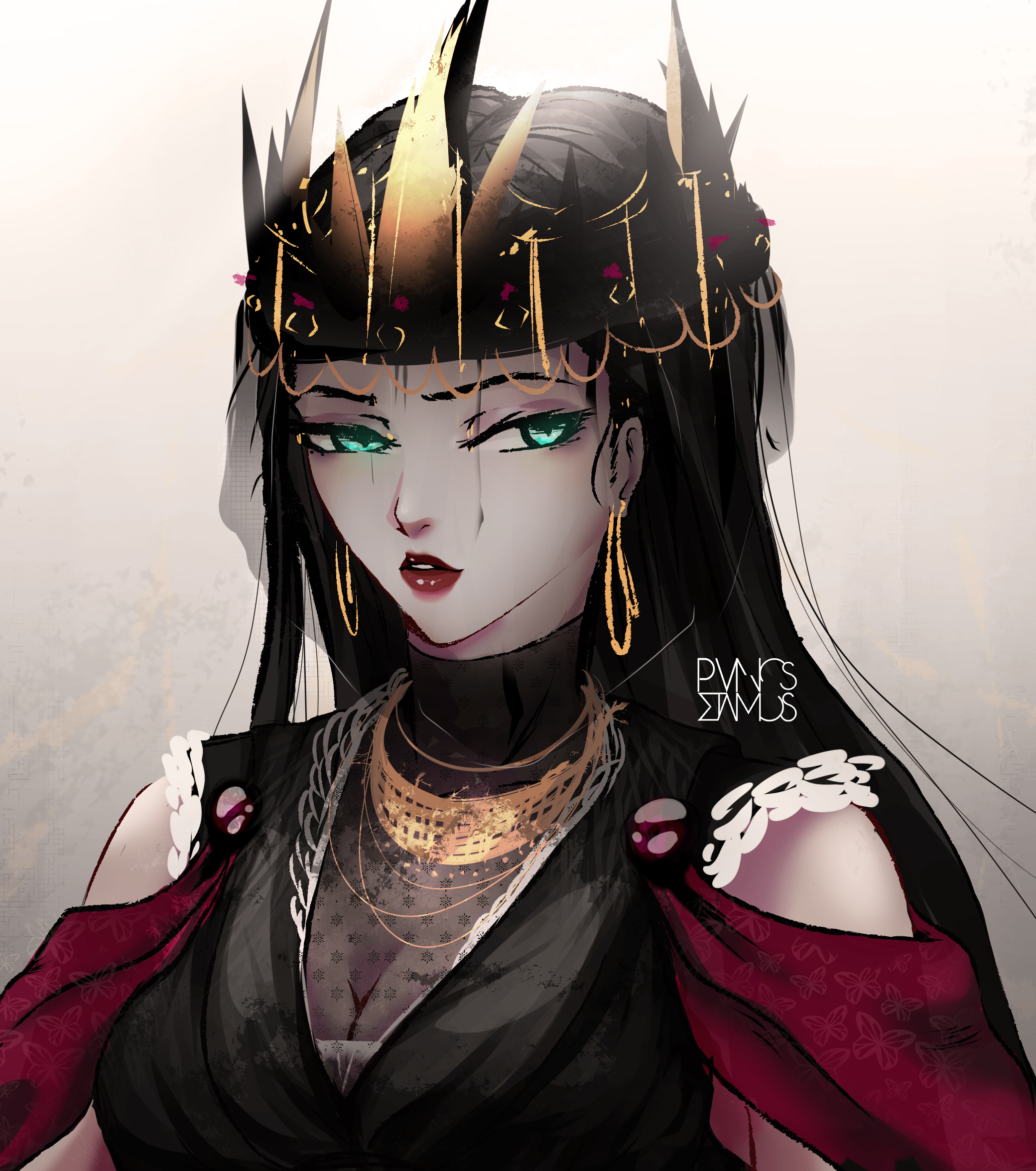 2080x2350 Wallpaper, Queen, anime girls, green eyes, black hair, dark hair, crown, artwork, illustration, WLOP, PanosStamo, fantasy art, fantasy girl, Phone