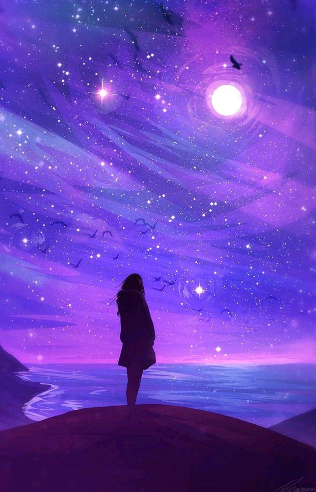 1080x1680 Girl Silhouette. Countless Stars Over the Shore, Shining brightly, Phone