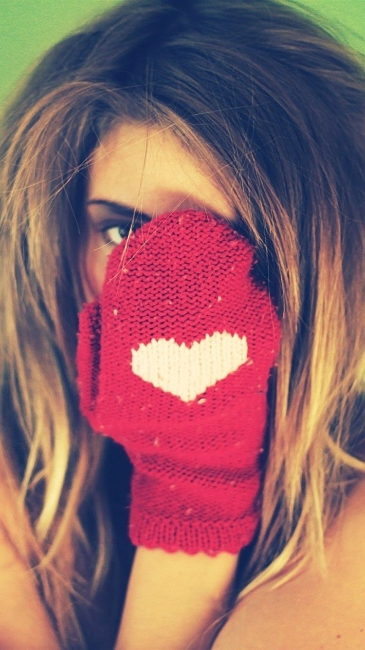 750x1340 Wallpaper Girl hidden her face, glove, love heart 2560x1600 HD, Phone