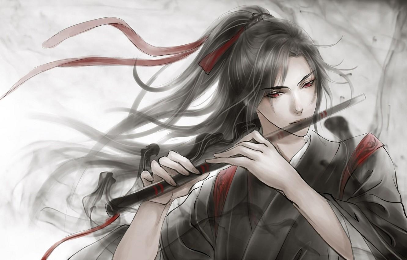 1340x850 Wallpaper grey background, flute, red eyes, long hair, red ribbon, Desktop