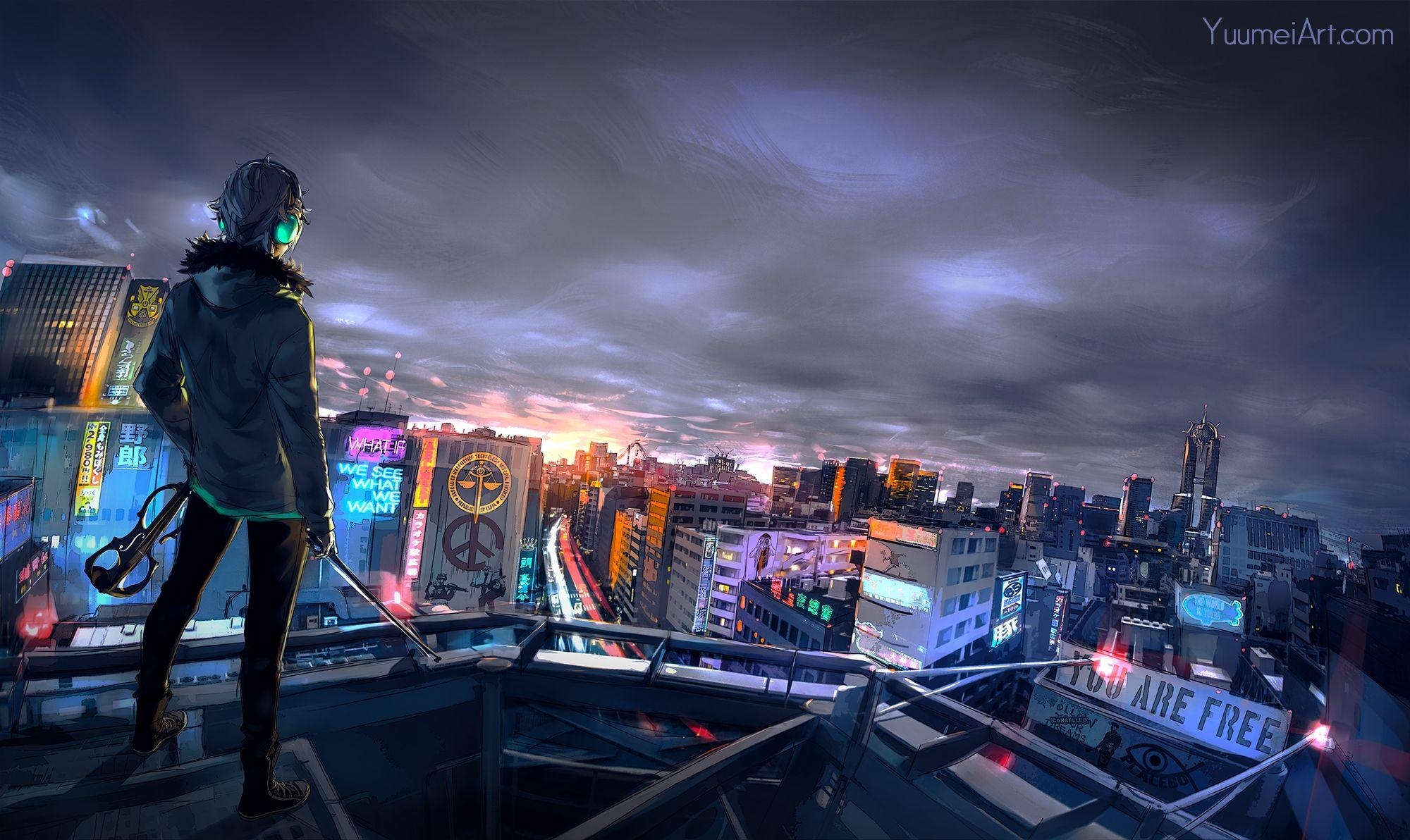 2000x1200 Anime Boy, Hoodie, Night, Cityscape, Rooftop, Sword. Fisheye, Desktop