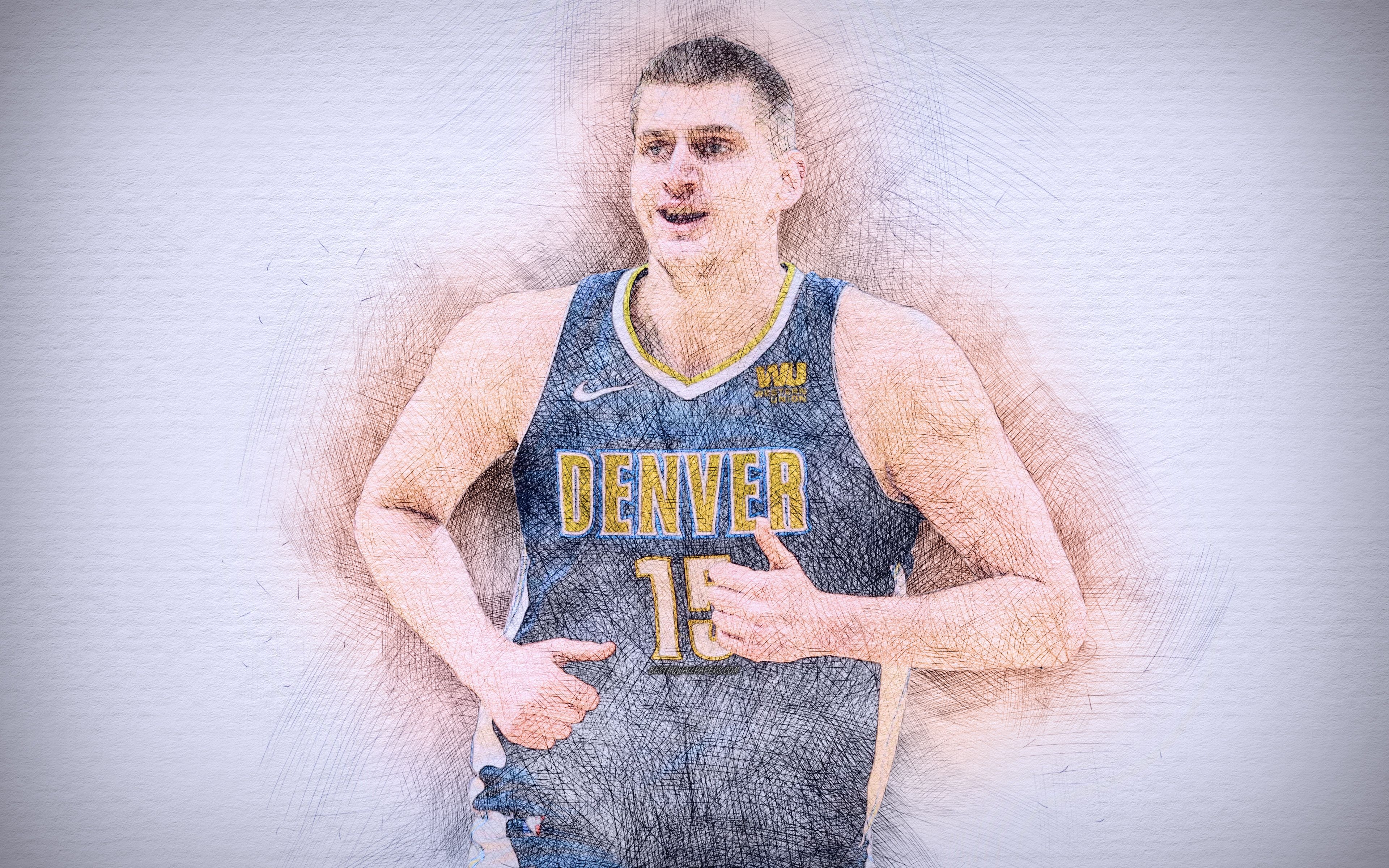 3840x2400 Download wallpaper Nikola Jokic, 4k, artwork, basketball stars, Denver Nuggets, NBA, Jokic, basketball, drawing Nikola Jokic for desktop with resolution. High Quality HD picture wallpaper, Desktop