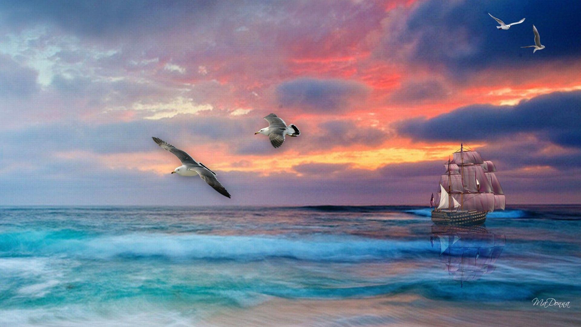 1920x1080 New Sail Boat Sailing Sea Sunset Tall Ship Wallpaper, HQ, Desktop