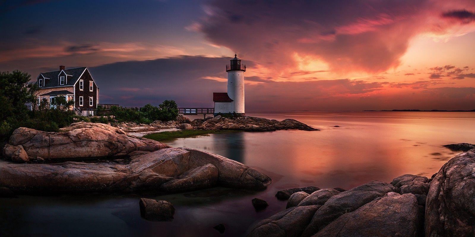 1600x800 nature, Landscape, Sunset, Lighthouse, Massachusetts, Sky, Coast, Dual Screen