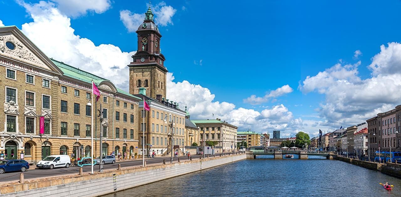 1280x630 image Sweden Gothenburg Bridges Sky Street Rivers Cities Houses, Dual Screen