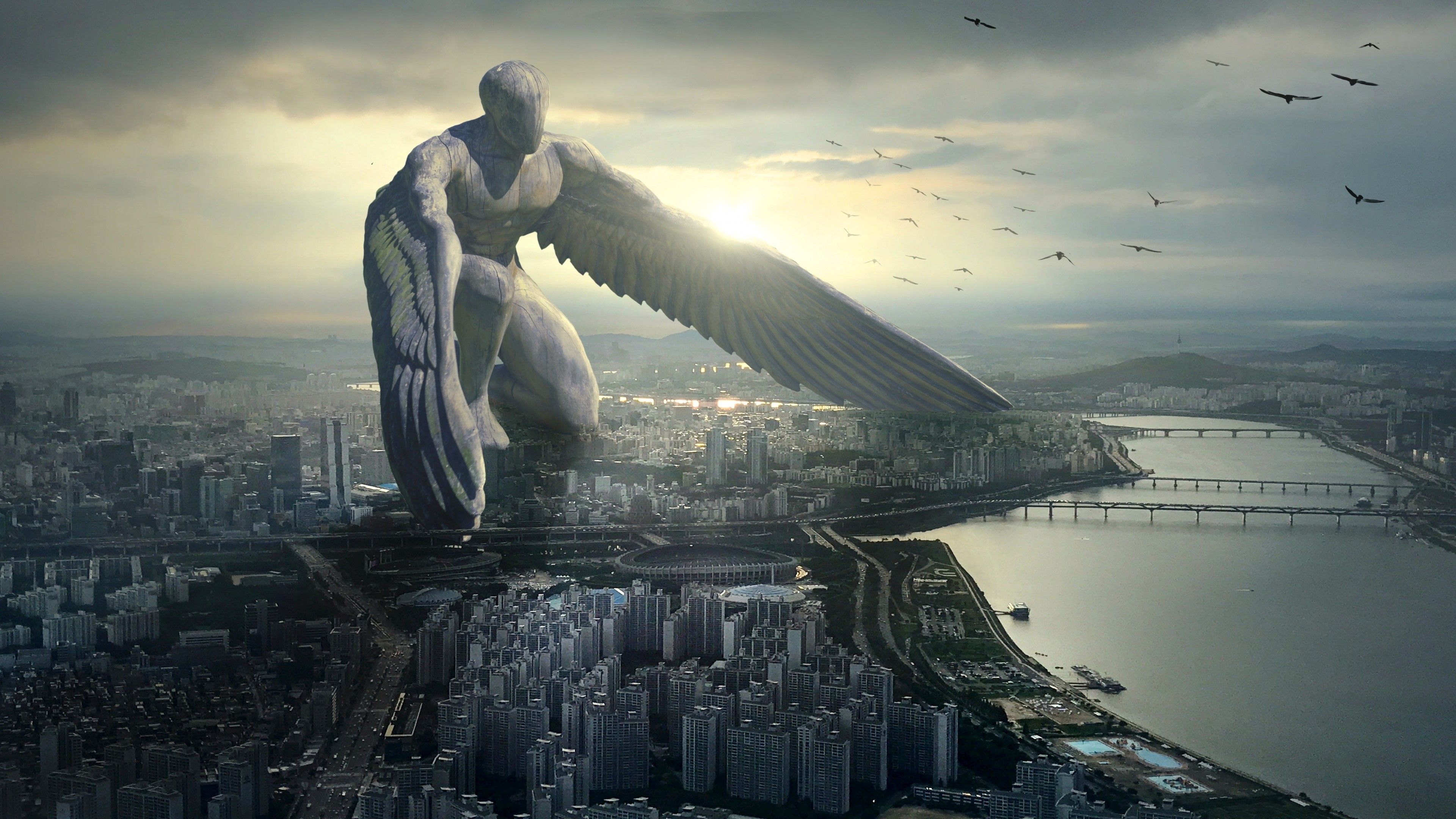 3840x2160 Wallpaper Giant Angel, city, 6K, Art, Desktop