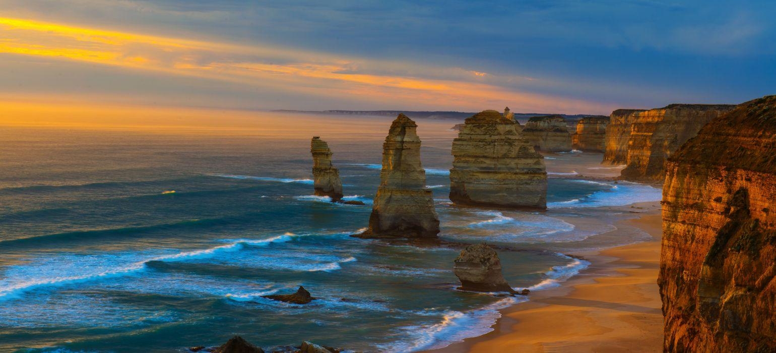 1540x700 Sunset Coastline Ocean Sea Great Ocean Road Australia Victoria, Dual Screen