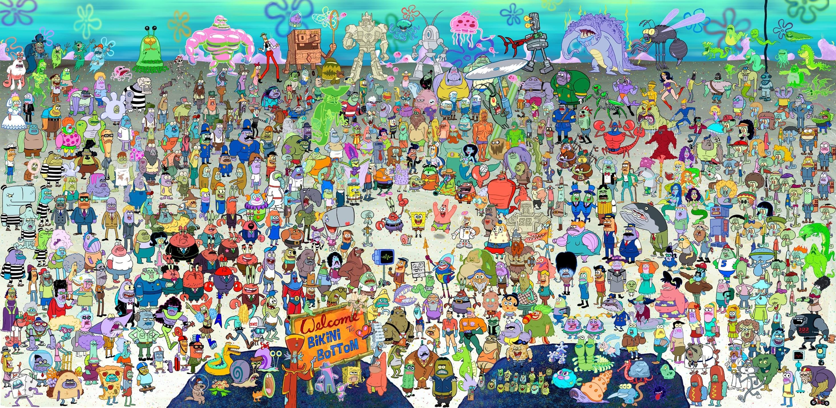 2930x1440 Wallpaper, people, collage, SpongeBob SquarePants, mural, ART, crowd, photomontage, child art, Dual Screen