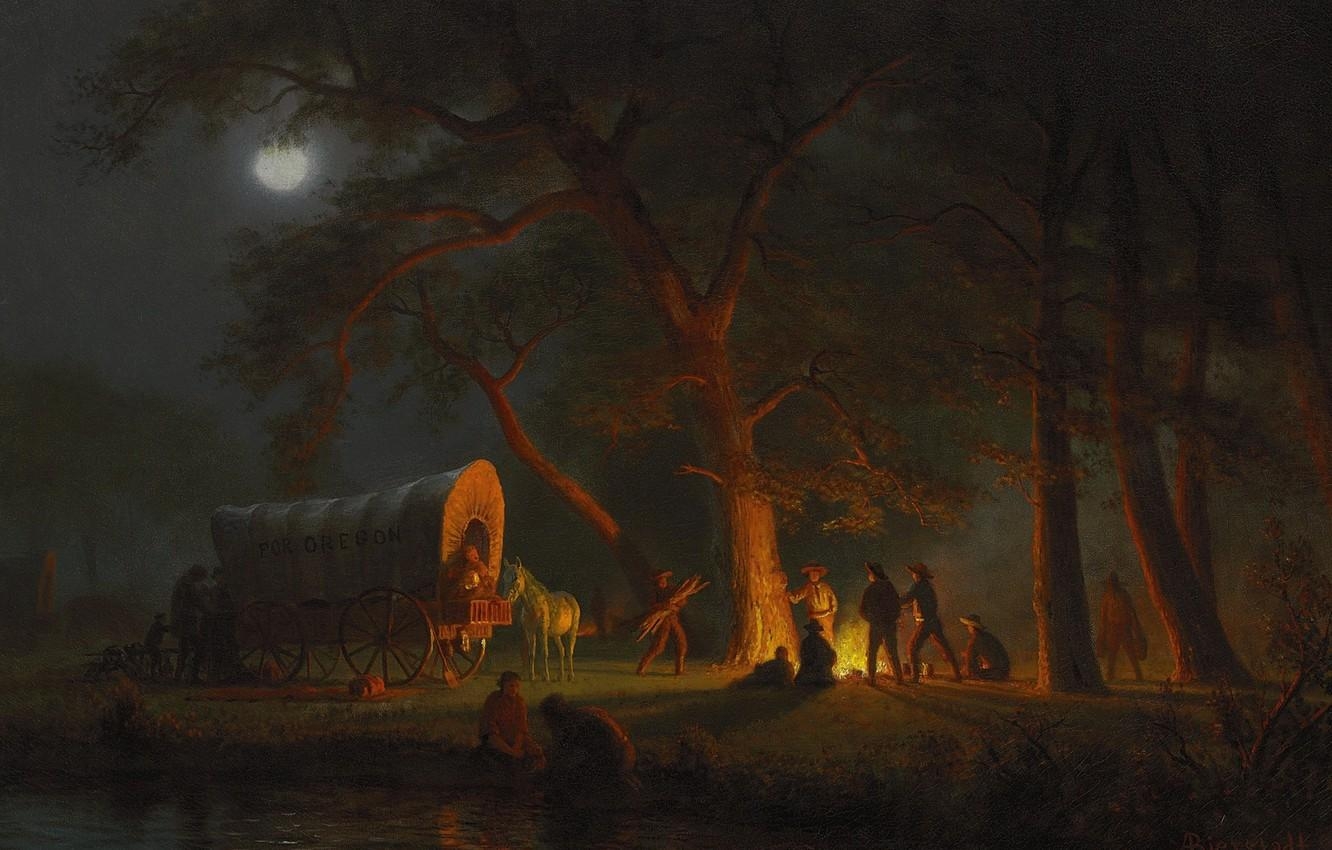 1340x850 Wallpaper people, picture, wagon, bed, genre, Albert Bierstadt, Desktop