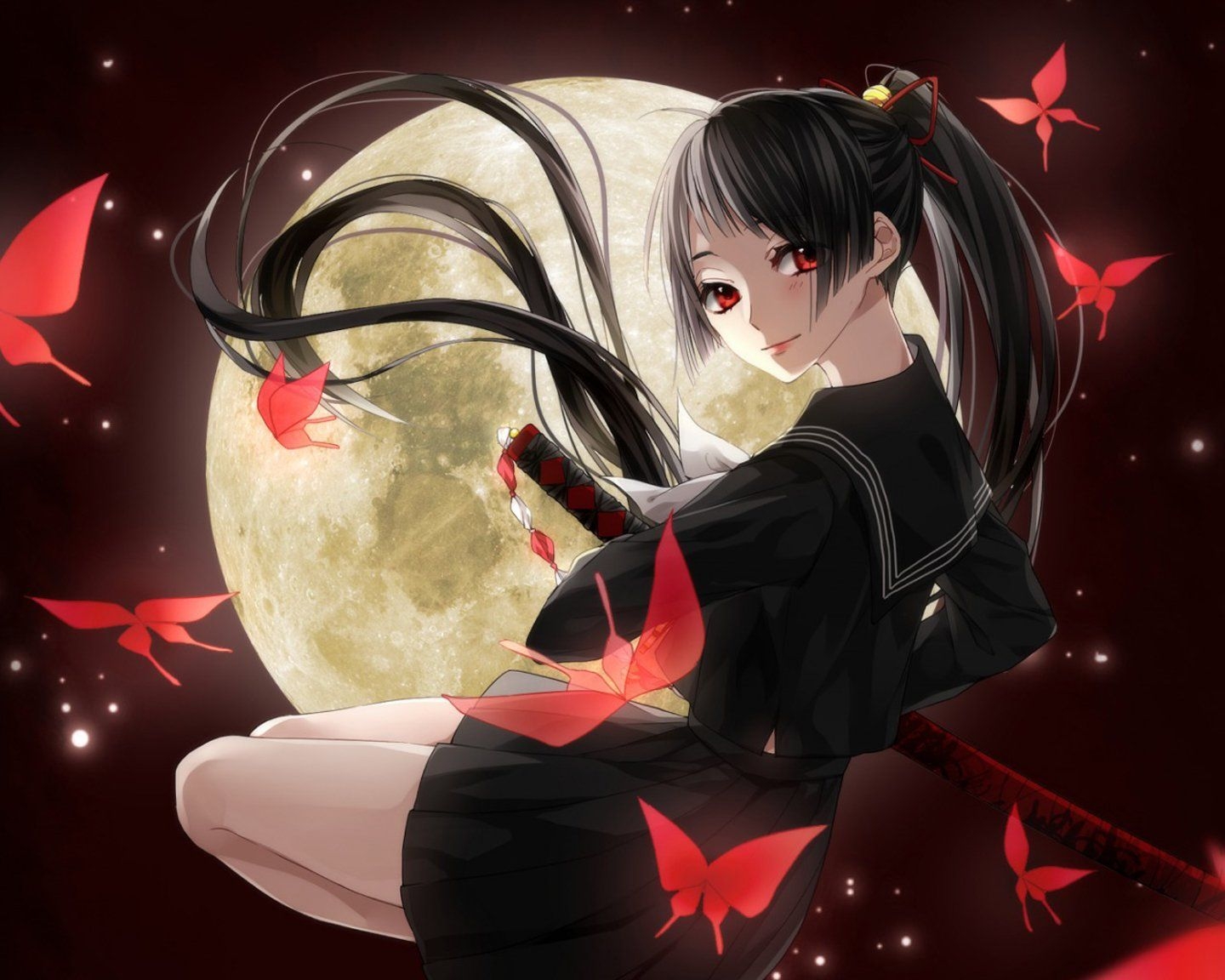 1440x1160 samurai, Girl, Moon, Red, Smile, Anime, Uniform, Sword, Butterfly, Desktop