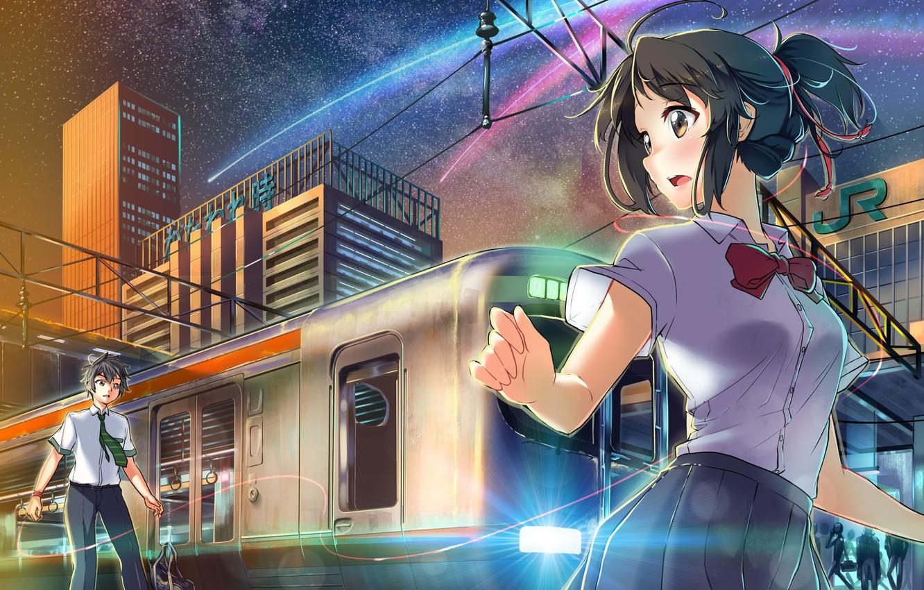 1340x850 Wallpaper girl, anime, art, guy, Still, tachibana taki, miyamizu, Desktop