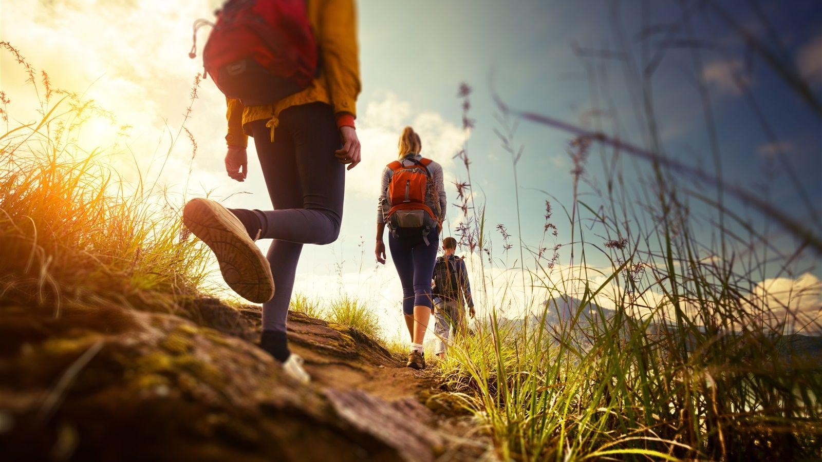 1600x900 Walk, path, backpack, grass, people, sky Desktop Wallpaper, Desktop