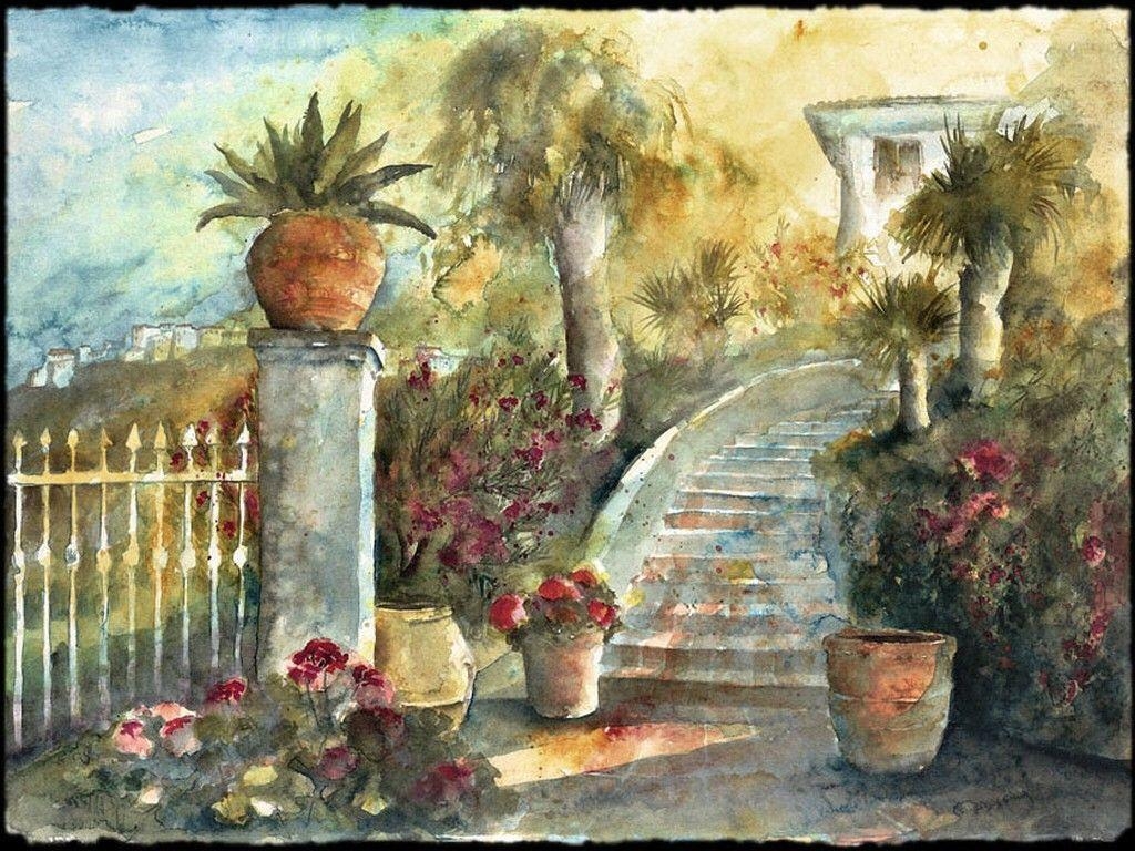 1030x770 Other: Sudan Garden Flowers Cityscape Scenery Painting Art Stairs, Desktop