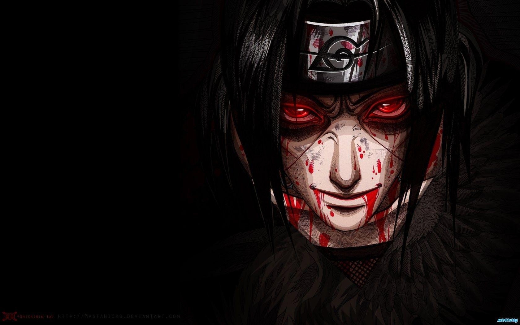 1680x1050 Wallpaper, black, Naruto Shippuuden, red eyes, blood, Uchiha Itachi, darkness, costume, screenshot,  px, fictional character, fiction, Desktop