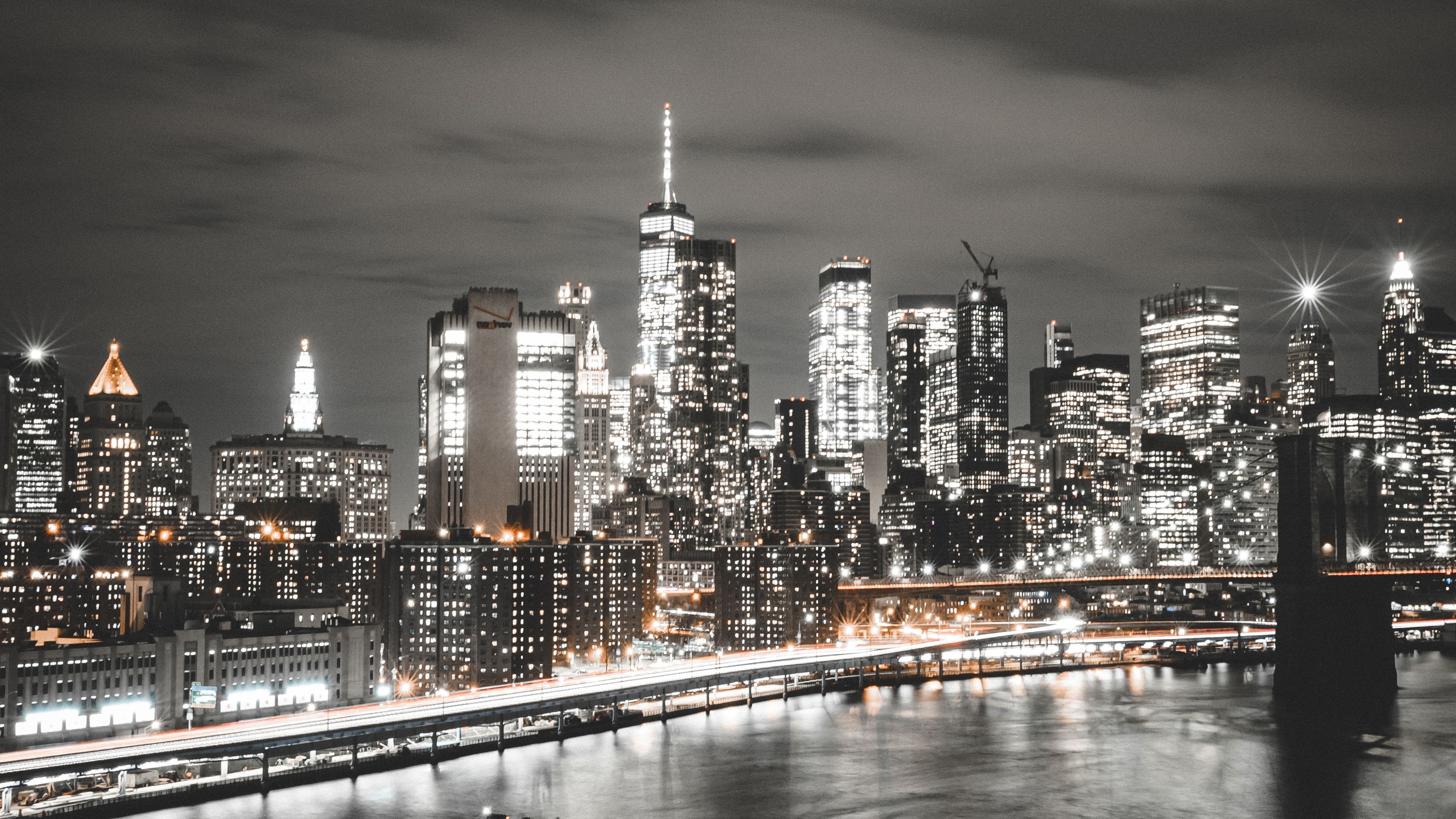 3840x2160 Manhattan Bridge, Brooklyn, Cityscape, Night, City lights, New York City, USA, 4k Free deskk wallpaper, Ultra HD, Desktop