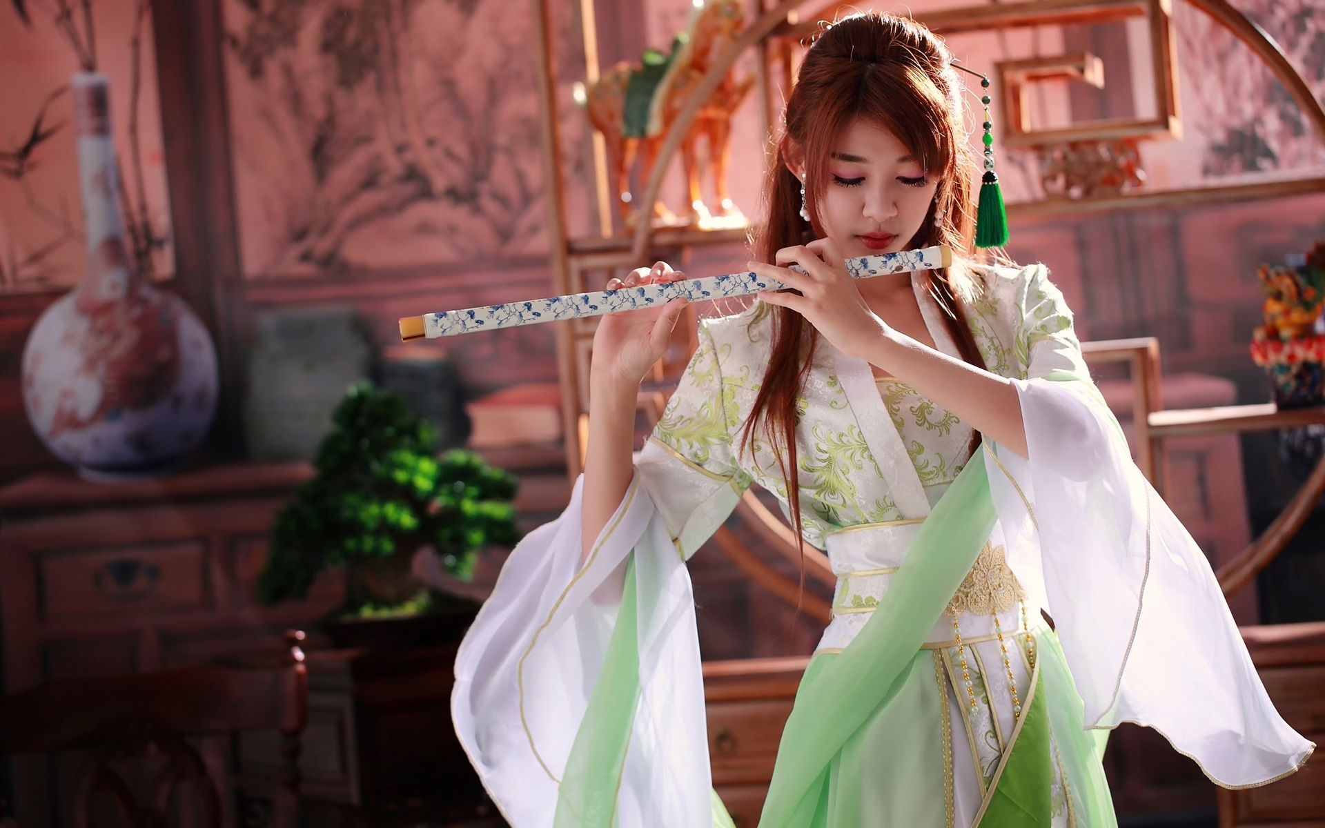 1920x1200 Wallpaper Beautiful chinese girl, music, flute  HD Picture, Image, Desktop