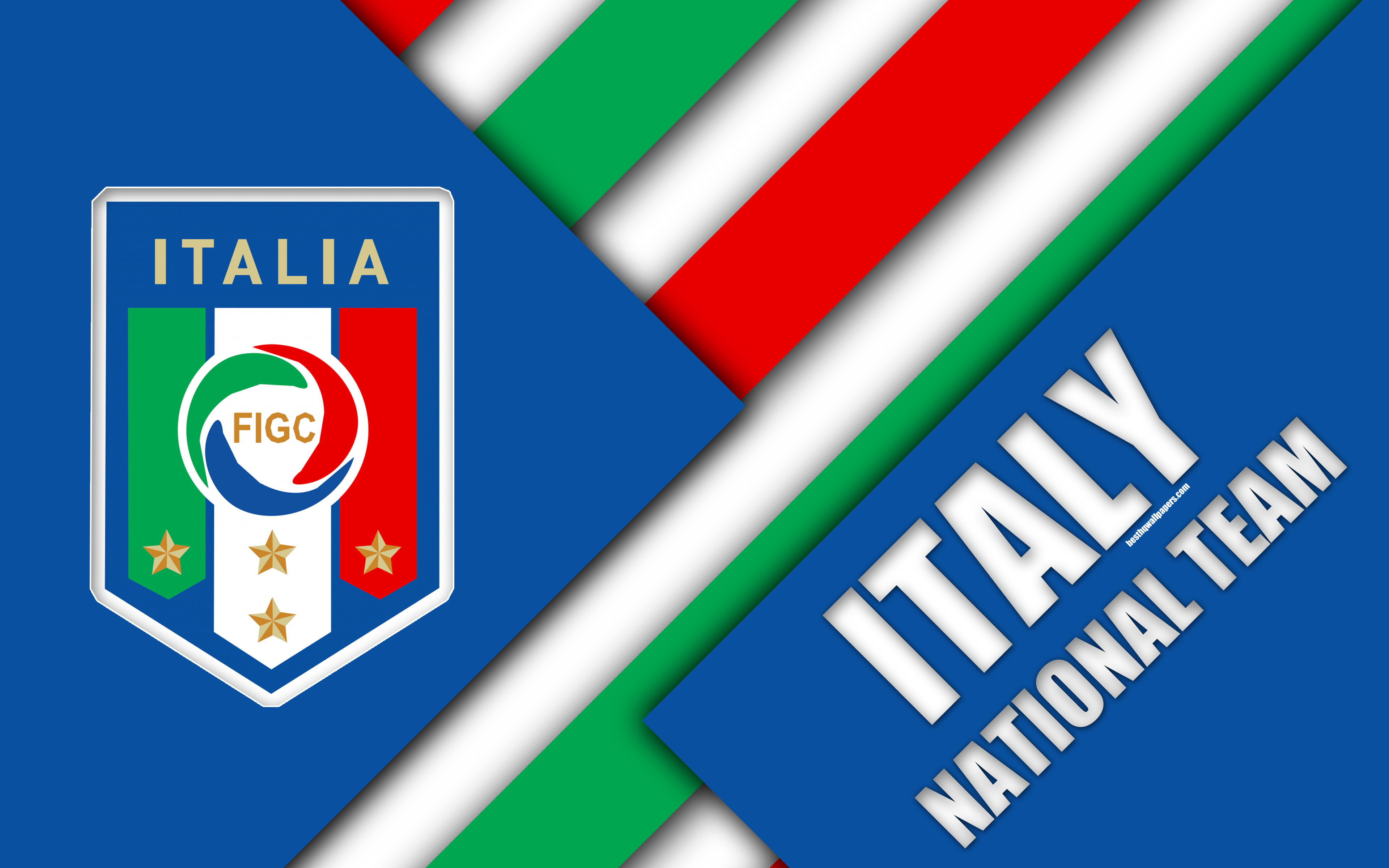 3840x2400 Download wallpaper Italy national football team, 4k, emblem, material design, blue abstraction, Italian Football Federation, FIGC, logo, football, Italy, coat of arms for desktop with resolution. High Quality HD picture wallpaper, Desktop