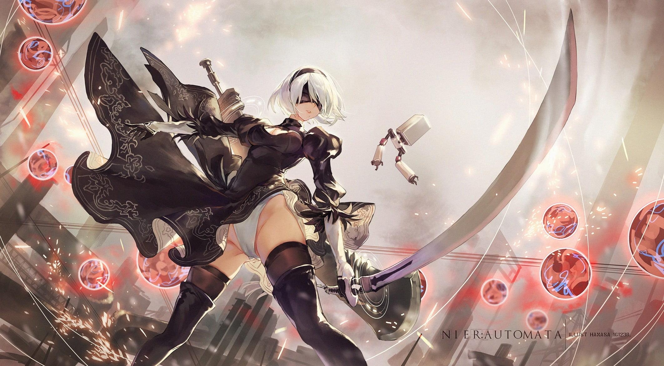 2130x1170 Automata's 2b Digital Wallpaper, Black Dress, Nier, Automata, Desktop