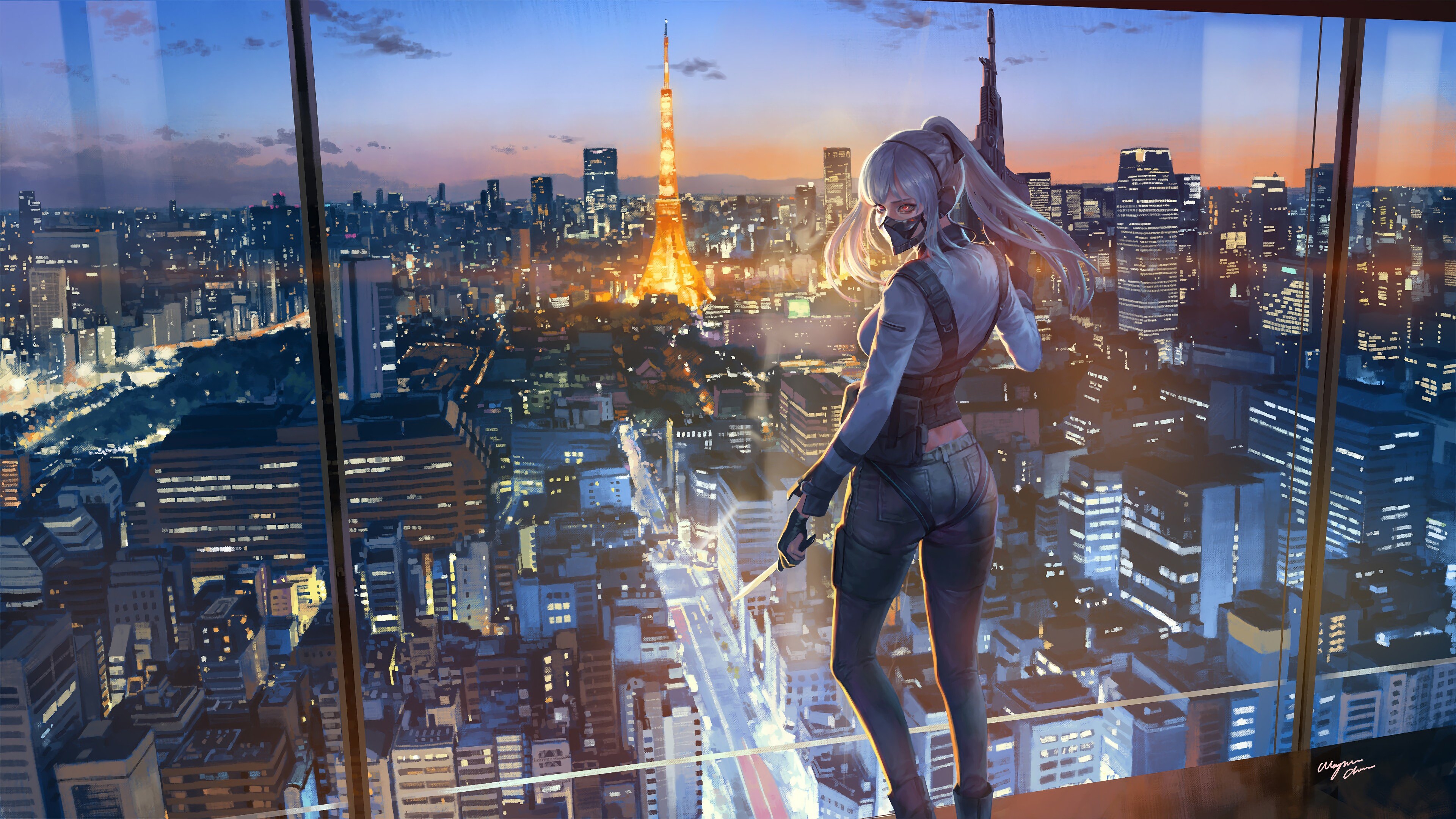 3840x2160 Anime Girl Mask City Buildings 4K Wallpaper, Desktop