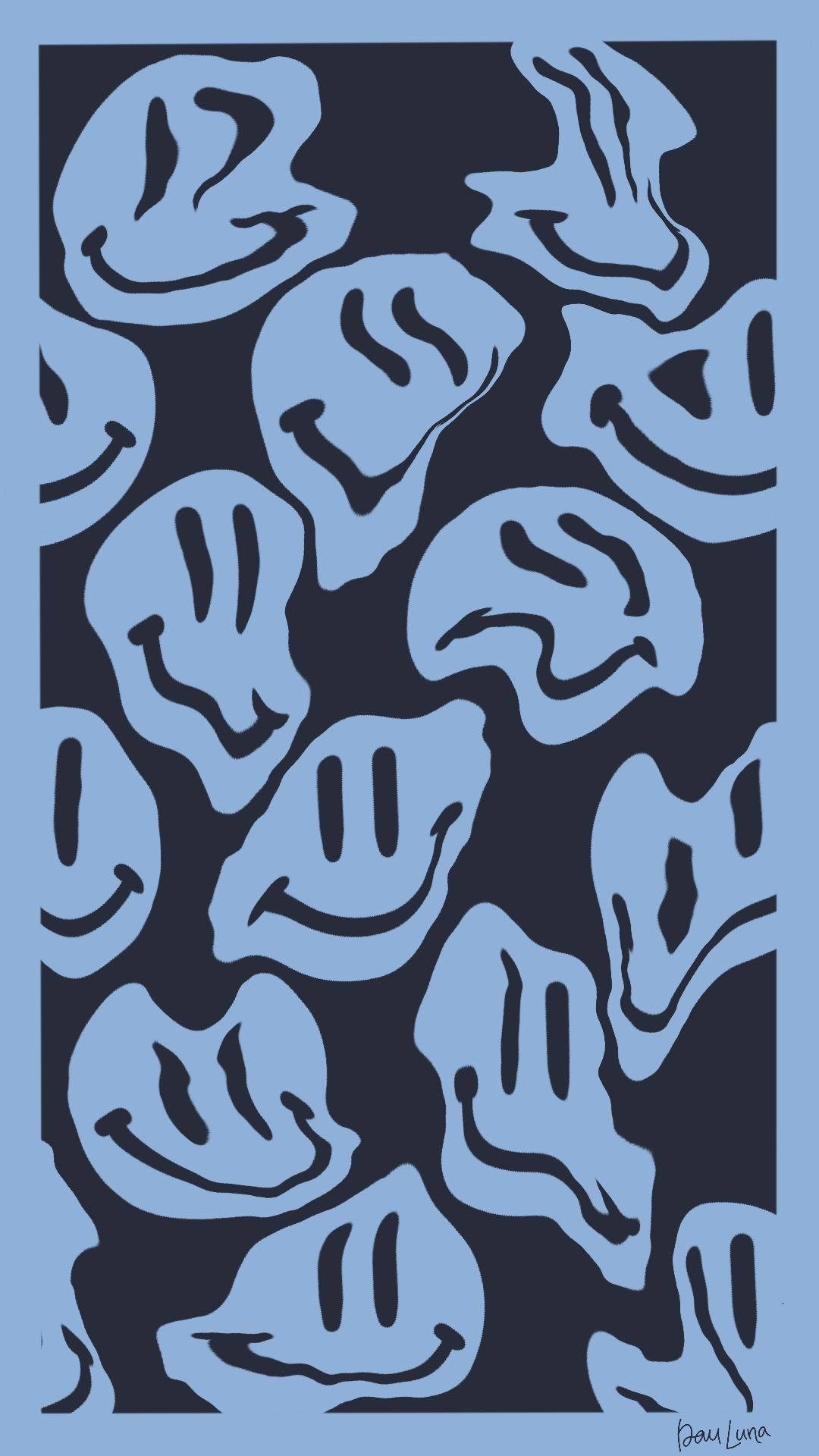 1080x1920 Download Preppy Smiley Face Warped Blue Pattern Wallpaper, Phone