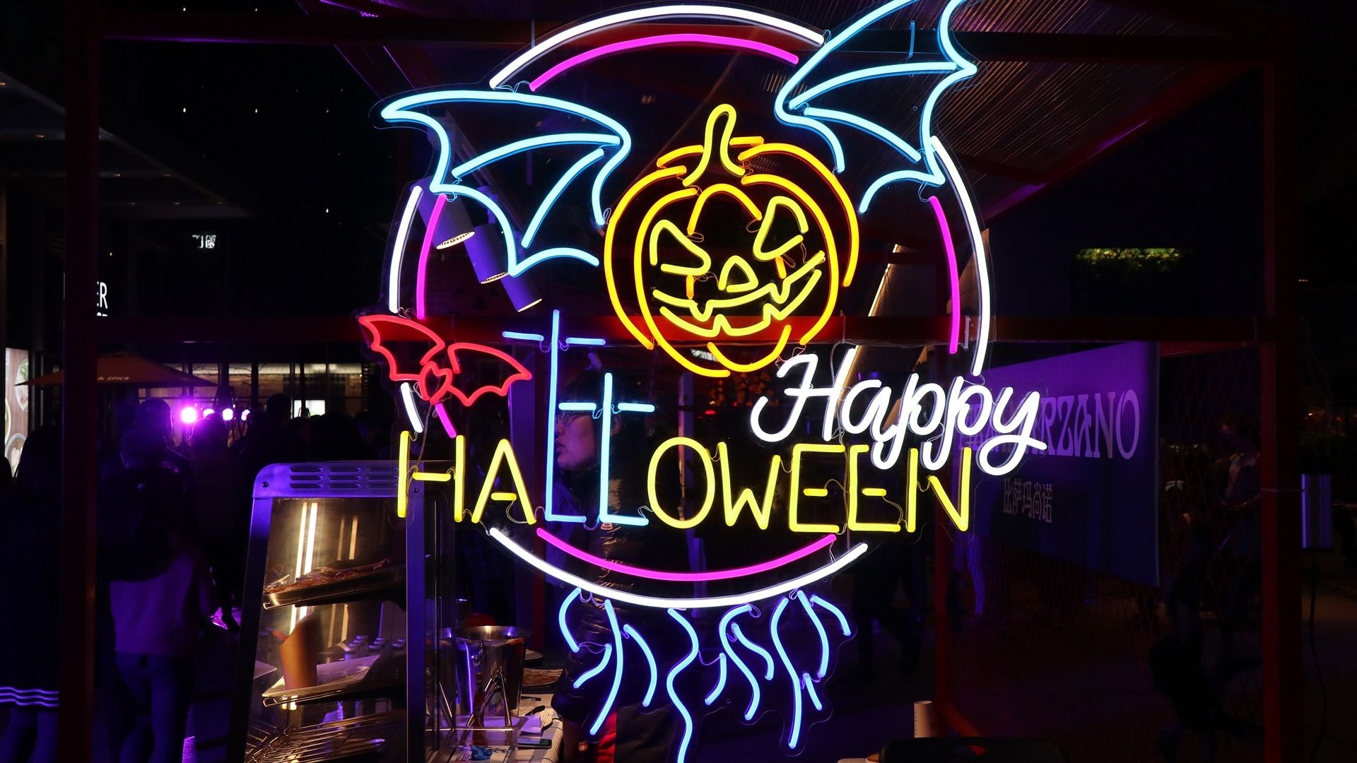 1920x1080 Halloween Pumpkin Lantern Neon Light 4K Wallpaper HD, Desktop
